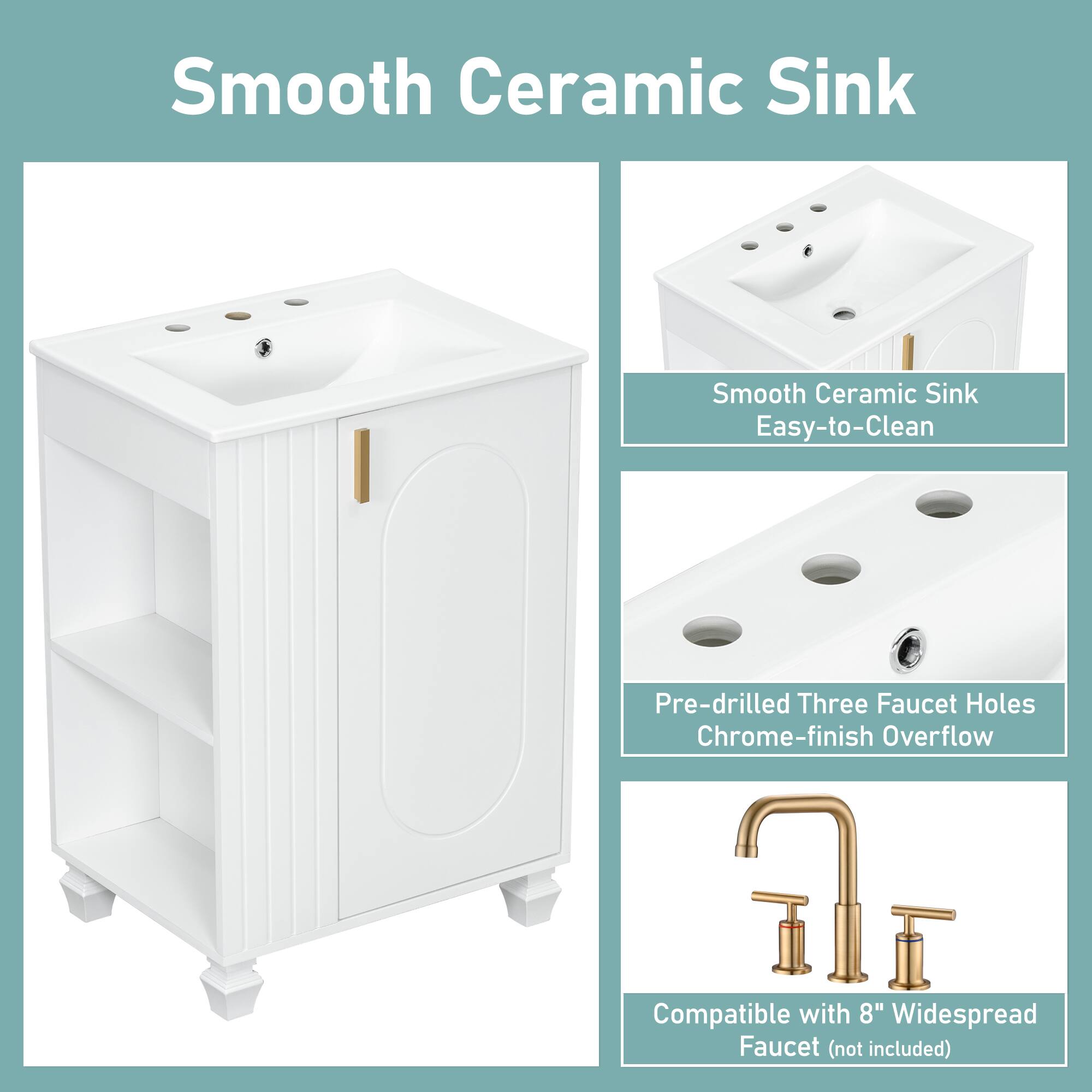 Smooth Ceramic Sink

- Smooth Ceramic Sink
- Easy-to-Clean
- Pre-drilled Three Faucet Holes
- Chrome-finish Overflow
- Compatible with 8" Widespread Faucet (not included)