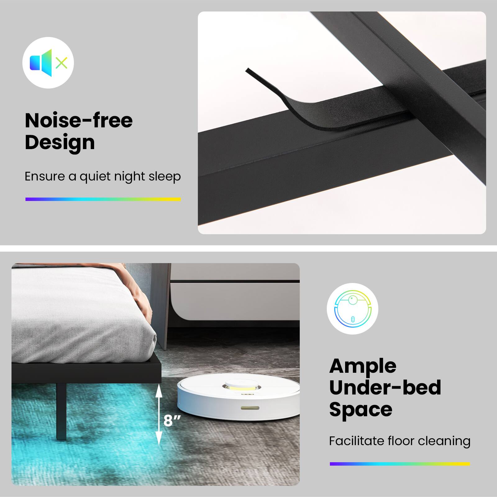 Noise-free Design, Ensure a quiet night sleep, Ample Under-bed Space, Facilitate floor cleaning