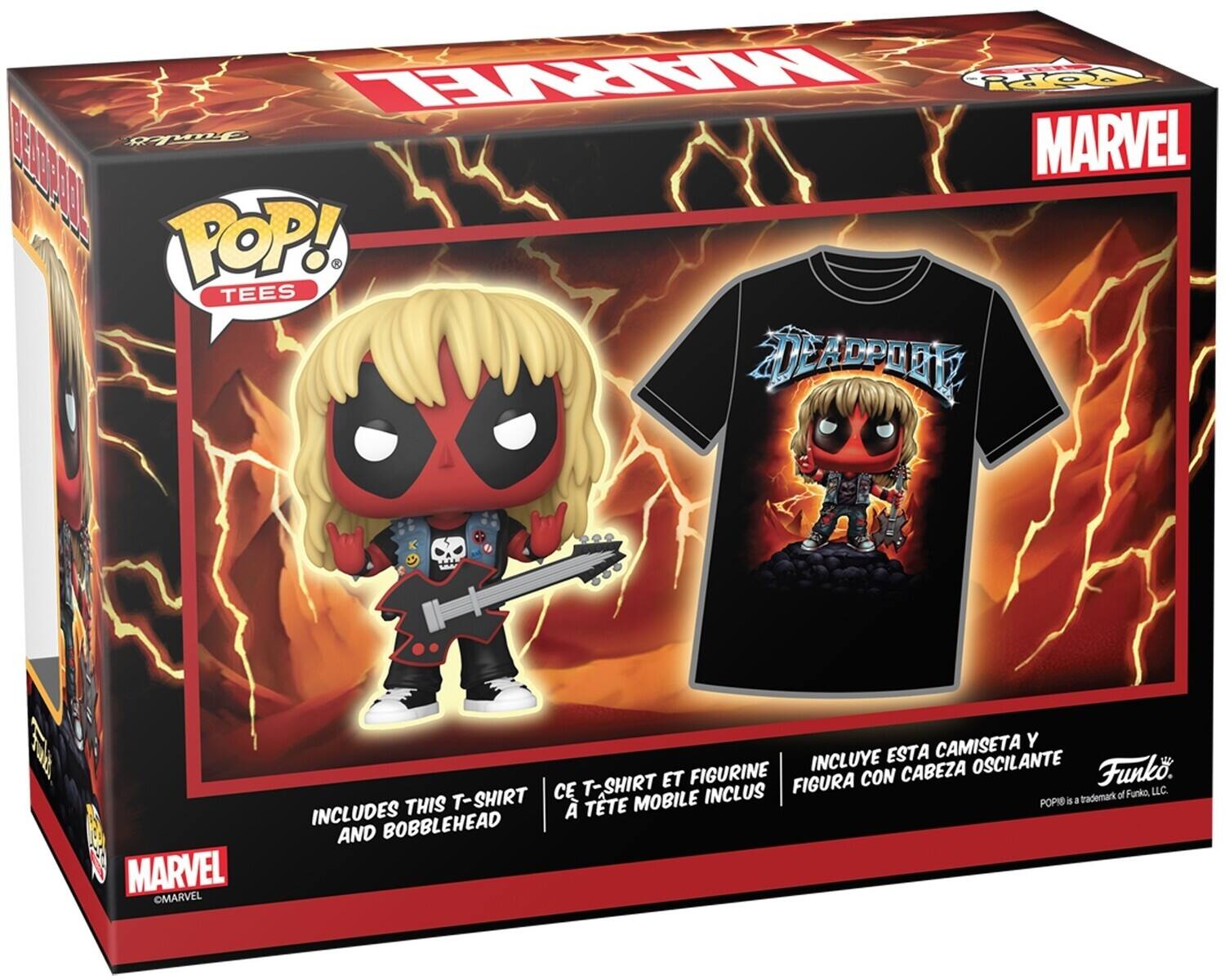 MARVEL, POP! TEES, Funko, INCLUDES THIS T-SHIRT AND BOBBLEHEAD, INCLUDE ESTA CAMISETA Y FIGURA CON CABEZA, INCLUS T-SHIRT ET FIGURINE À TÊTE MOBILE, POP! is a trademark of Funko, LLC.