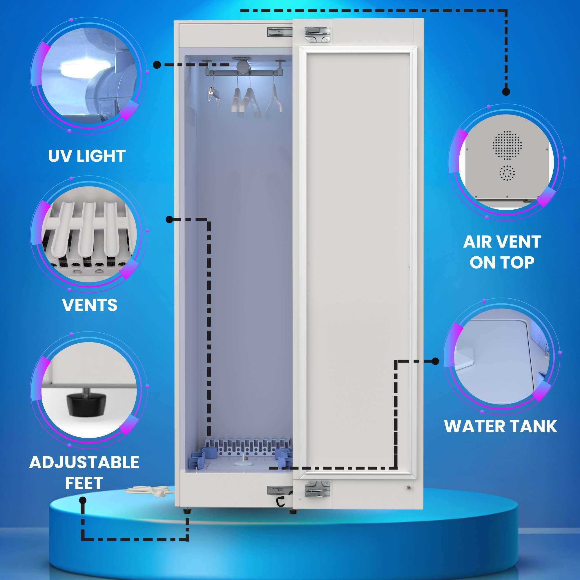 UV LIGHT  
VENTS  
ADJUSTABLE FEET  
AIR VENT ON TOP  
WATER TANK