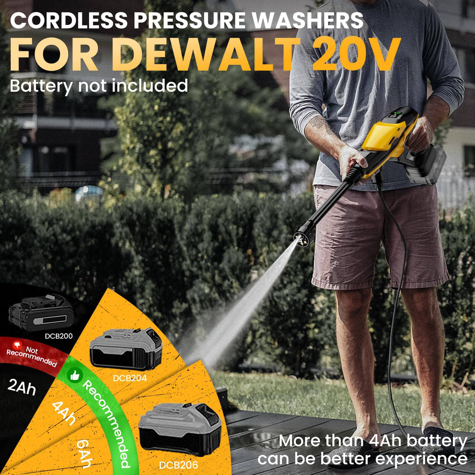 CORDLESS PRESSURE WASHERS FOR DEWALT 20V  
Battery not included  

DCB200 - Not Recommended  
DCB204 - Recommended  
DCB206 - Recommended  

More than 4Ah battery can be better experience