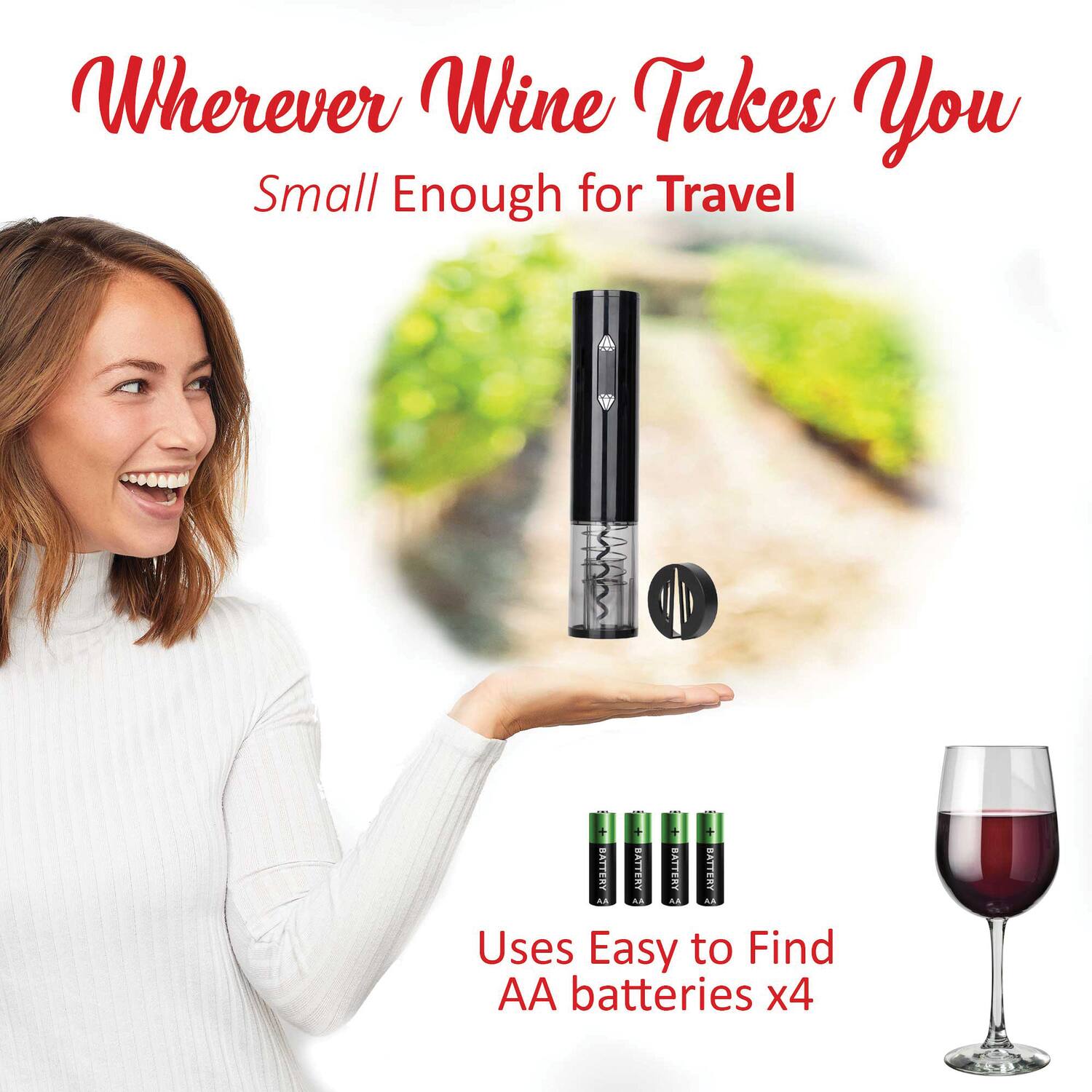 Wherever Wine Takes You  
Small Enough for Travel  

Uses Easy to Find AA batteries x4