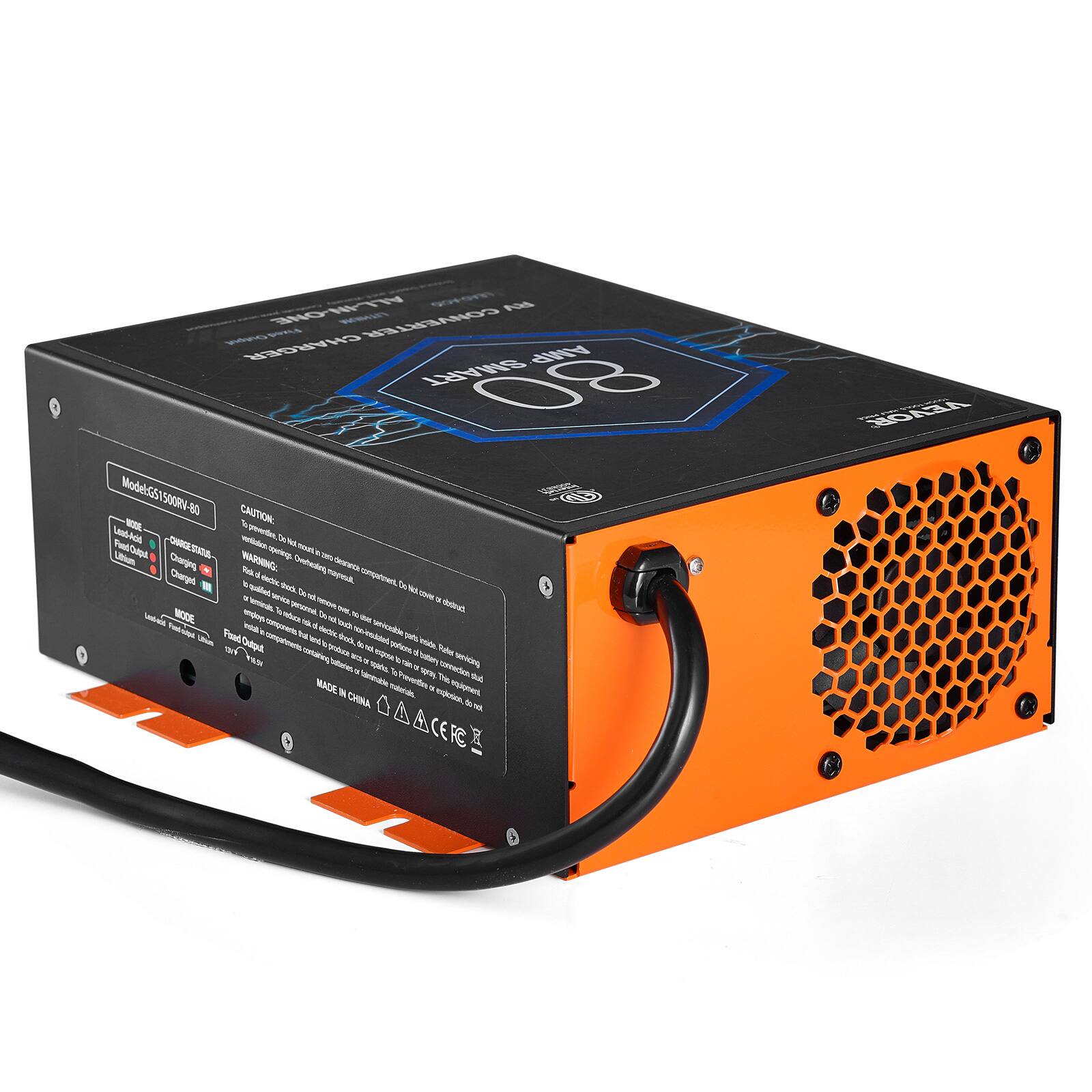 ALL-IN-ONE LEAD-ACID RV FUND CONVERTER  
Output Fixed CHARGER AMP SMART 80  
Model: GS150RV-80  

CAUTION: Lead-Acid MODE Togrevention, Food -CHARGE STADO- Not mout's Litium Clupat Chaging  
WARNING: sparao rells/ Charged Ras Overheating dayout compartment, qualled dectiou shock De No. Filta a MODE emport W persomel Do 2 shostouch Lest-ecid deb. touch this Fint sdpar Fined instaal nsansparents. sangents, Bette dork, non-insited serviceoble parts he Outout produce Johon, & reide. Faller WAY 71 expose un batery servicing batteries spartes was spray connection stud MADE tainmable materals. Preventes 60 This equipment IN CHINA explesion, your at  

MADE IN CHINA
