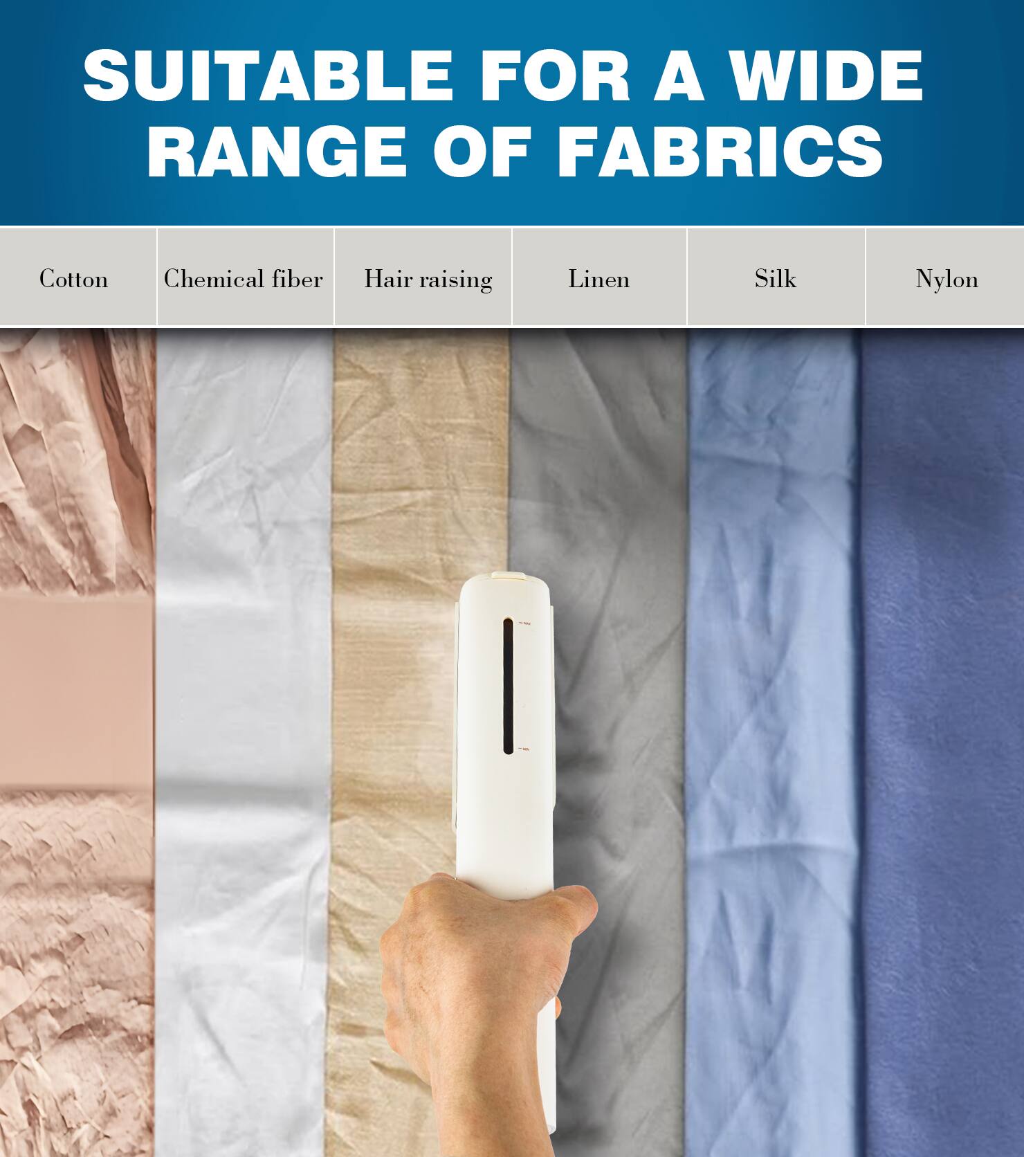 SUITABLE FOR A WIDE RANGE OF FABRICS

Cotton  
Chemical fiber  
Hair raising  
Linen  
Silk  
Nylon