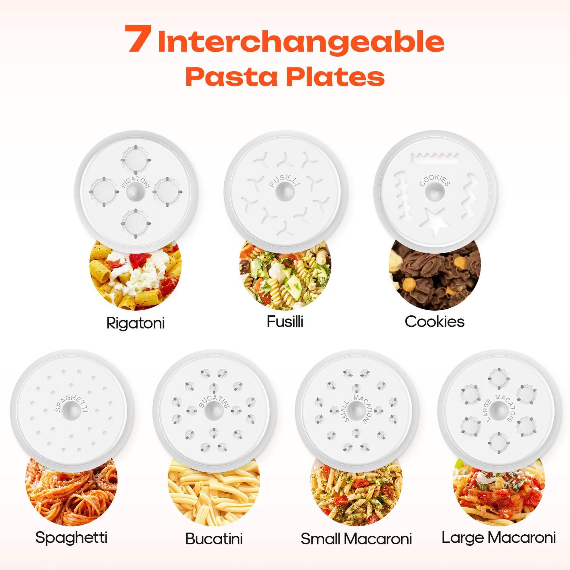 7 Interchangeable Pasta Plates

Rigatoni  
Fusilli  
Cookies  
Spaghetti  
Bucatini  
Small Macaroni  
Large Macaroni