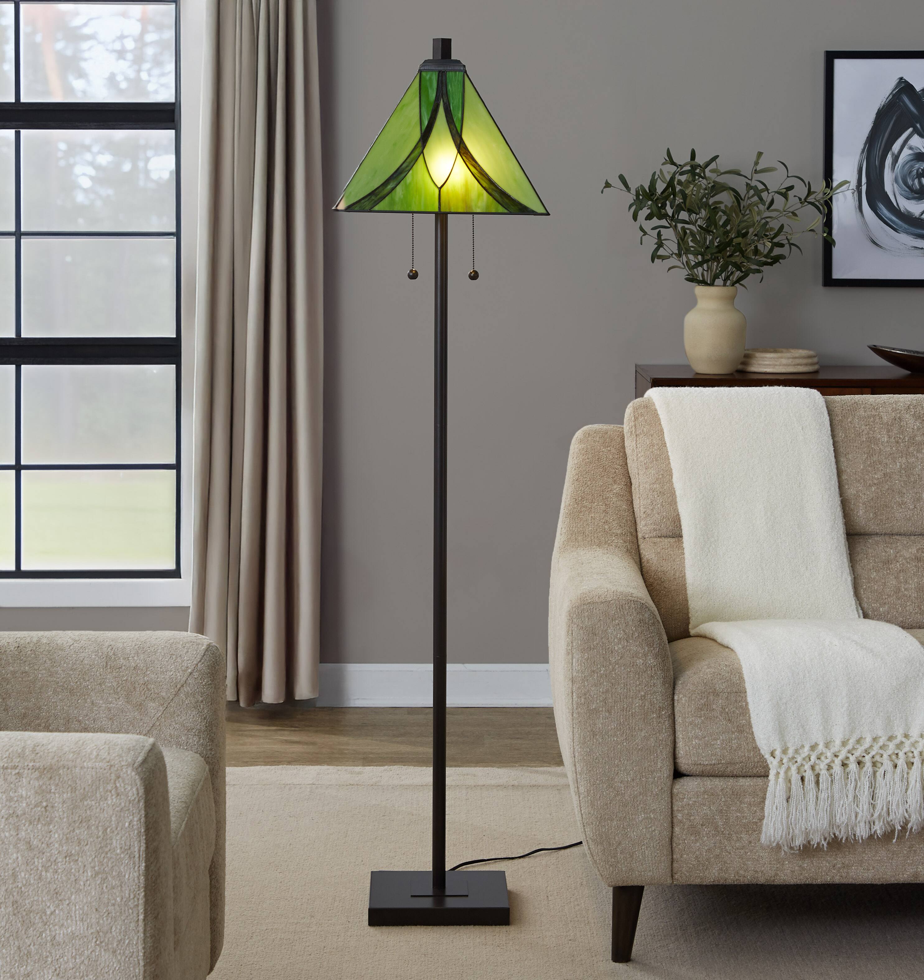 Alt View 3. Loheer - Loheer 63 Inch Floor Lamp Oil Rubbed Bronze Metal Standing Light with Elegant Green Glass Shade for Bedroom Living Room - Bronze,Green.