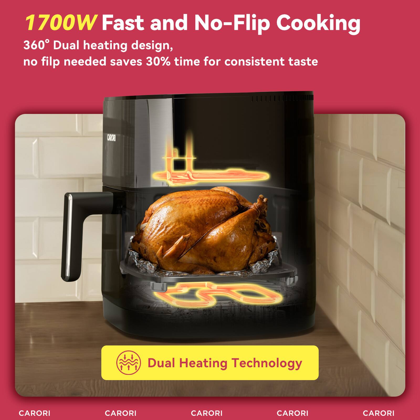 1700W Fast and No-Flip Cooking  
360° Dual heating design, no flip needed saves 30% time for consistent taste  
CARORI Dual Heating Technology  
CARORI  
CARORI  
CARORI  
CARORI
