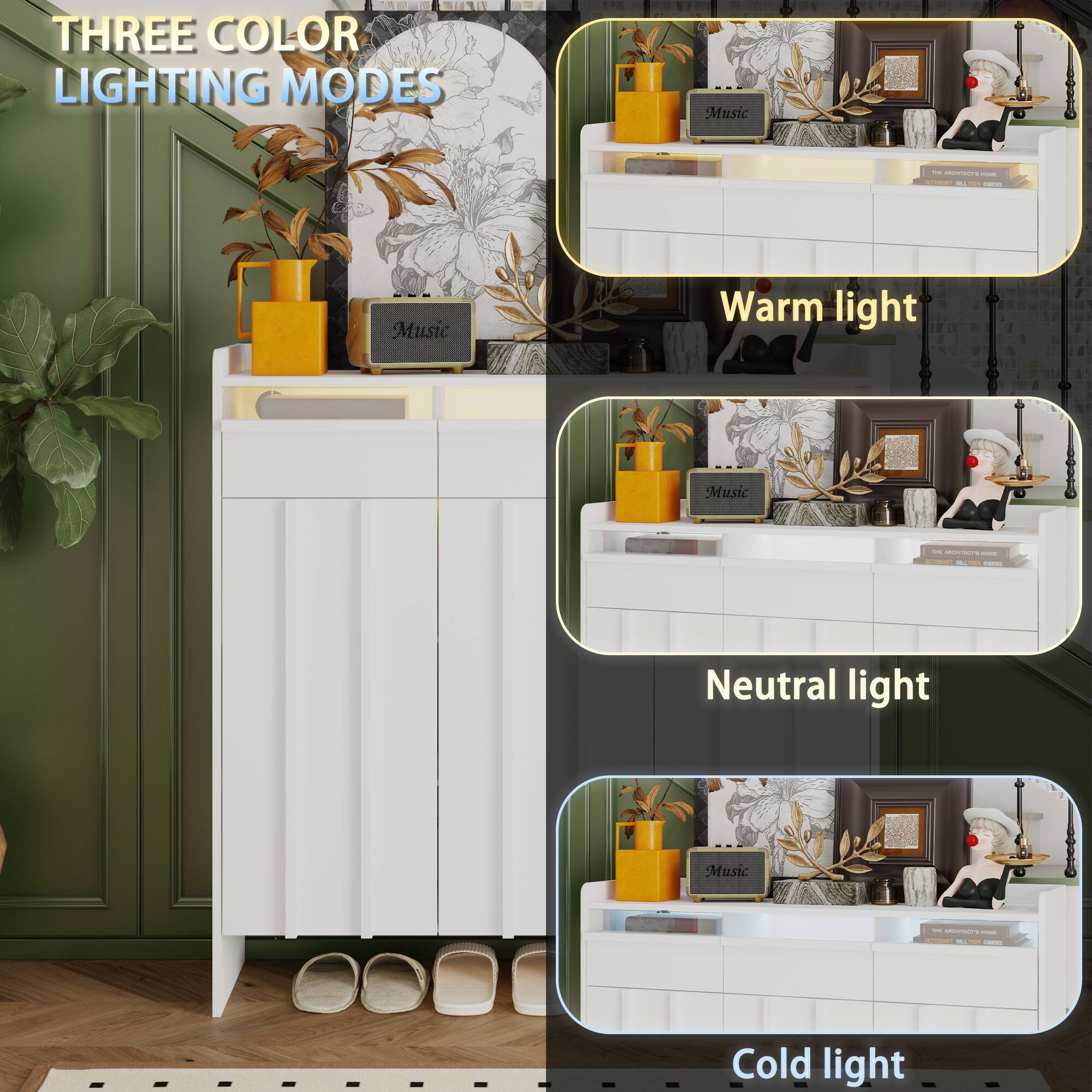 THREE COLOR LIGHTING MODES
Music
Warm light
Music
Neutral light
Music
Cold light