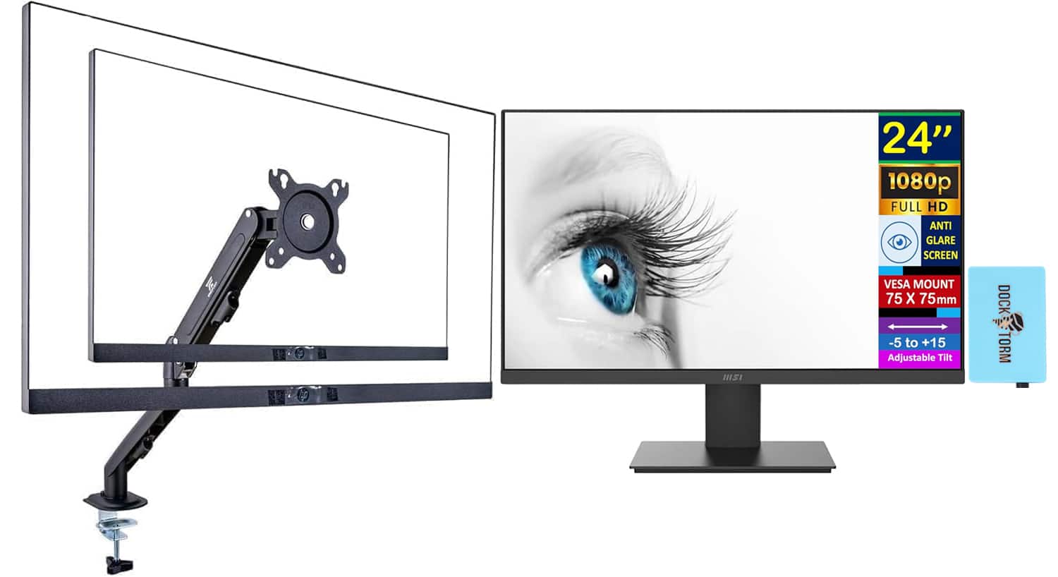 MSI - 24'' FHD VA Monitor, Anti Glare, Anti Flicker, VGA, HDMI, (PROMP241X) w/DKZ Hub & Ergoflexy Single Mount Arm - Black