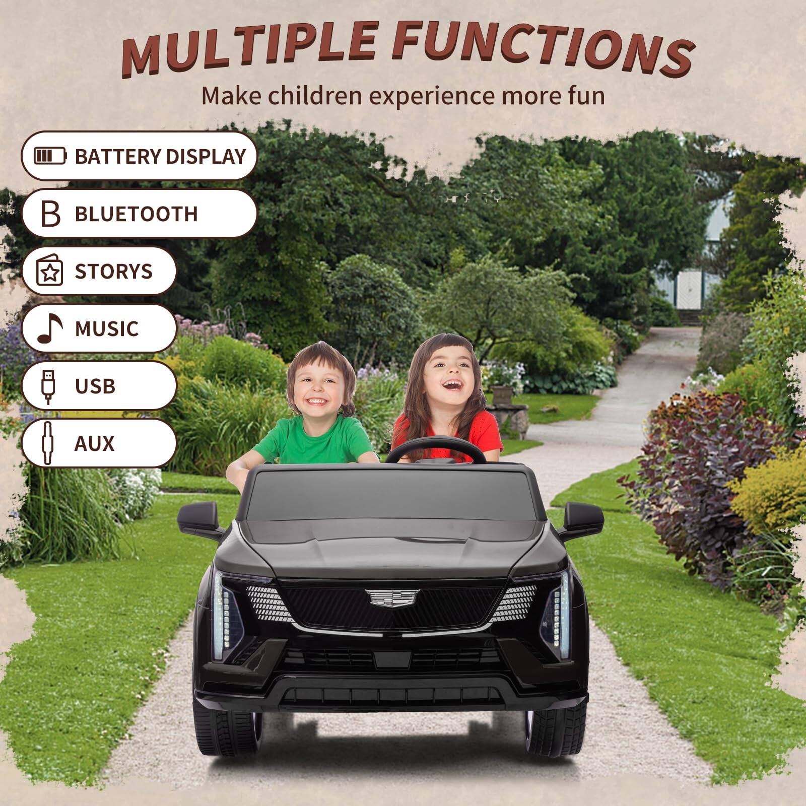 MULTIPLE FUNCTIONS  
Make children experience more fun

- BATTERY DISPLAY
- BLUETOOTH
- STORYS
- MUSIC
- USB
- AUX