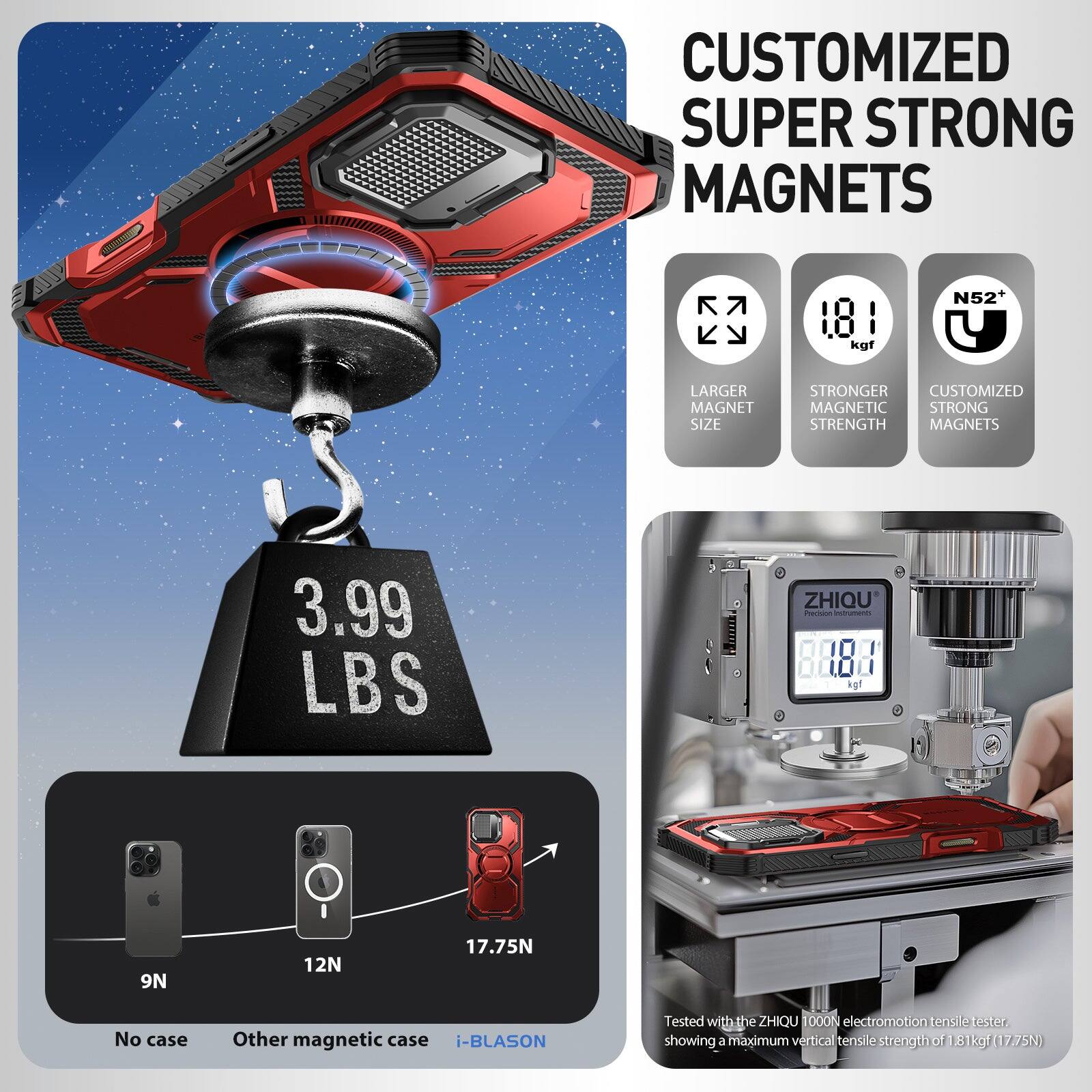 CUSTOMIZED SUPER STRONG MAGNETS

LARGER MAGNET SIZE
STRONGER MAGNETIC STRENGTH
CUSTOMIZED N52 MAGNETS

3.99 LBS

9N (No case)
12N (Other magnetic case)
17.75N (i-BLASON)

Tested with the ZHIQU 1000N electromotion tensile tester, showing a maximum vertical tensile strength of 1.81kgf (17.75N)