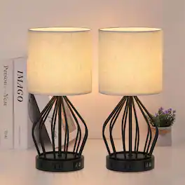 Oumilen - 2-Piece Table Lamp Set with USB Ports, Black Cage Style Metal Base with Linen Shades
