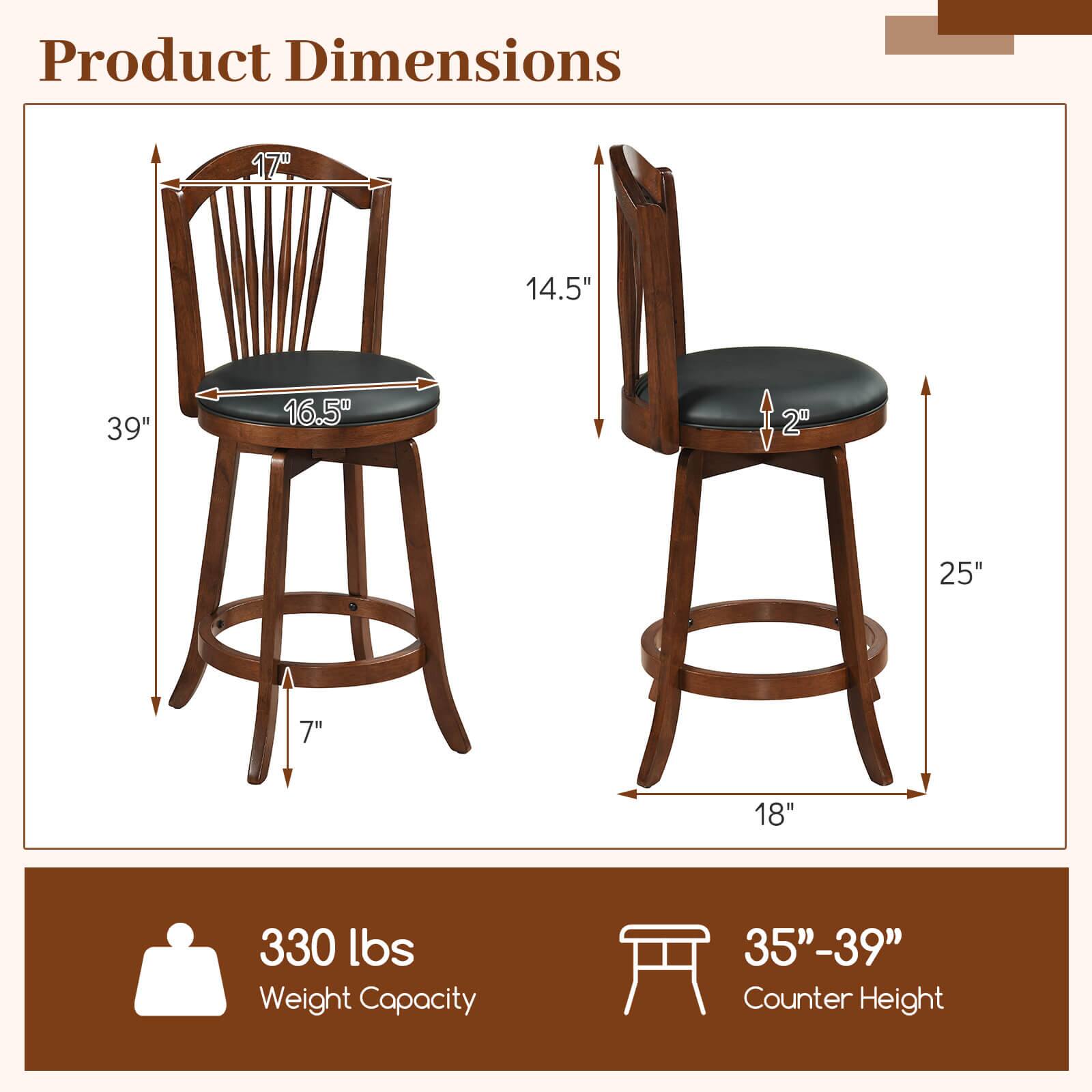 Product Dimensions:  
- Height: 39"  
- Seat Width: 17"  
- Seat Depth: 16.5"  
- Back Height: 14.5"  
- Armrest Height: 2"  
- Seat Height: 25"  
- Base Diameter: 18"  

Weight Capacity: 330 lbs  
Counter Height: 35"-39"