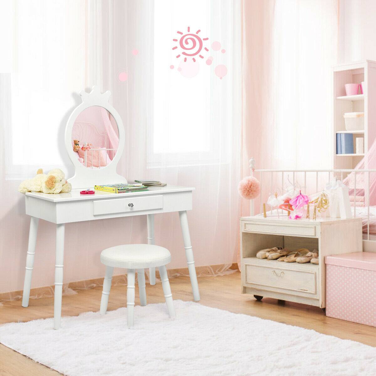 Alt View 1. Costway - Costway Kids Vanity Makeup Table & Chair Set Make Up Stool Play Set for Children - White.