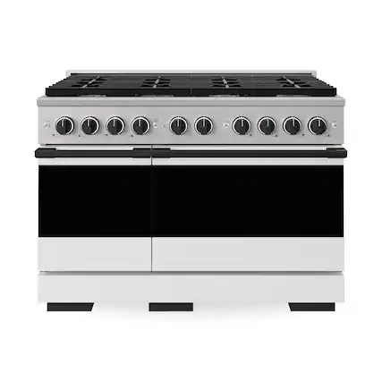 Front. ZLINE - Autograph 48 in. 6.7 cu. ft. Marino Dual Fuel Freestanding Range with 8 Gas Burner Cooktop with White & Black Accents - White Matte.