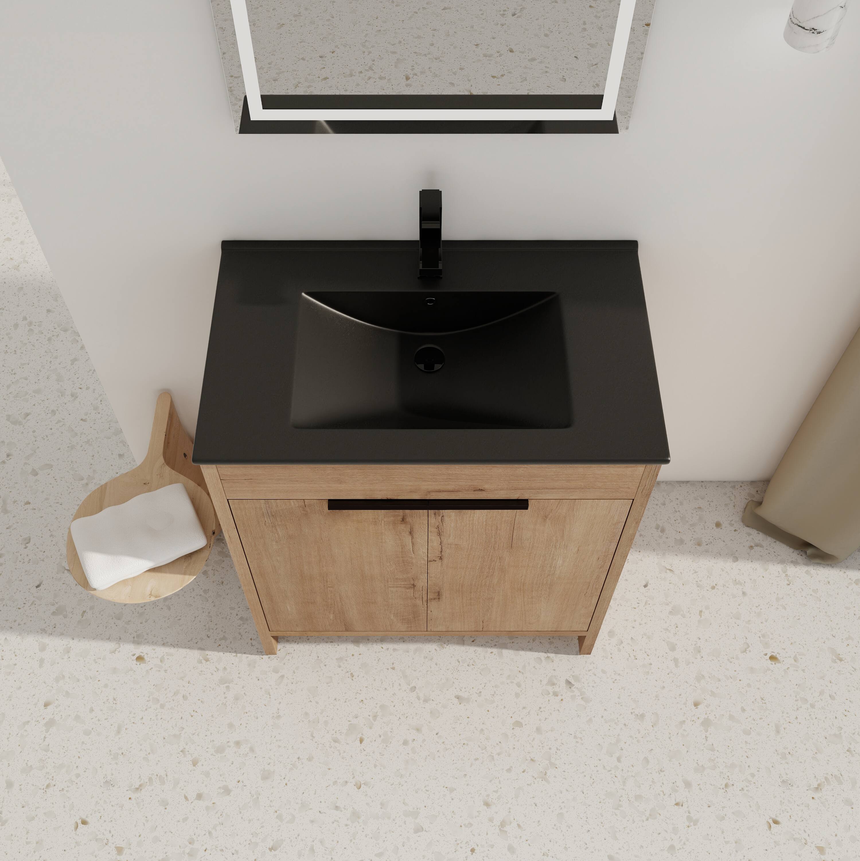 Angle. TinyHomie - 30in Freestanding Bathroom Cabinet With Basin and 2 Soft-Close Cabinet Doors KD-PACKING - Imitative Oak.