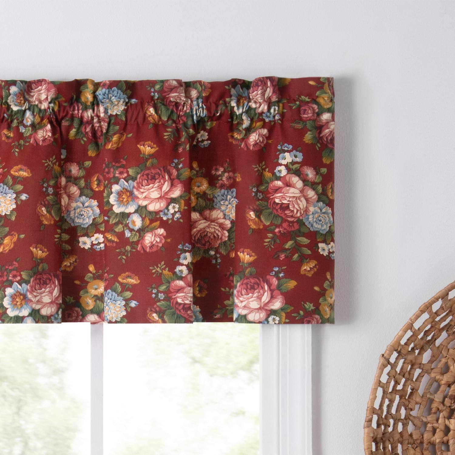 Angle. Ellis Curtain - Ellis Bella Rose Stylish Medium Scale Printed Floral Pattern 1.5" Rod Pocket Tailored Valance for Windows 58"x15" Red - Red.