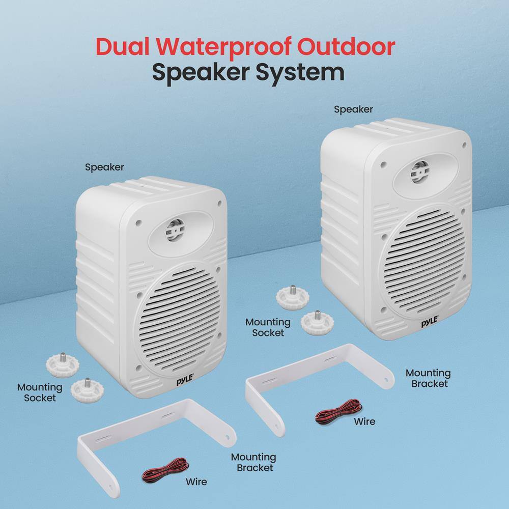 Dual Waterproof Outdoor Speaker System

Speaker  
Speaker  

Mounting Socket  
Mounting Socket  

Mounting Bracket  
Mounting Bracket  

Wire  
Wire