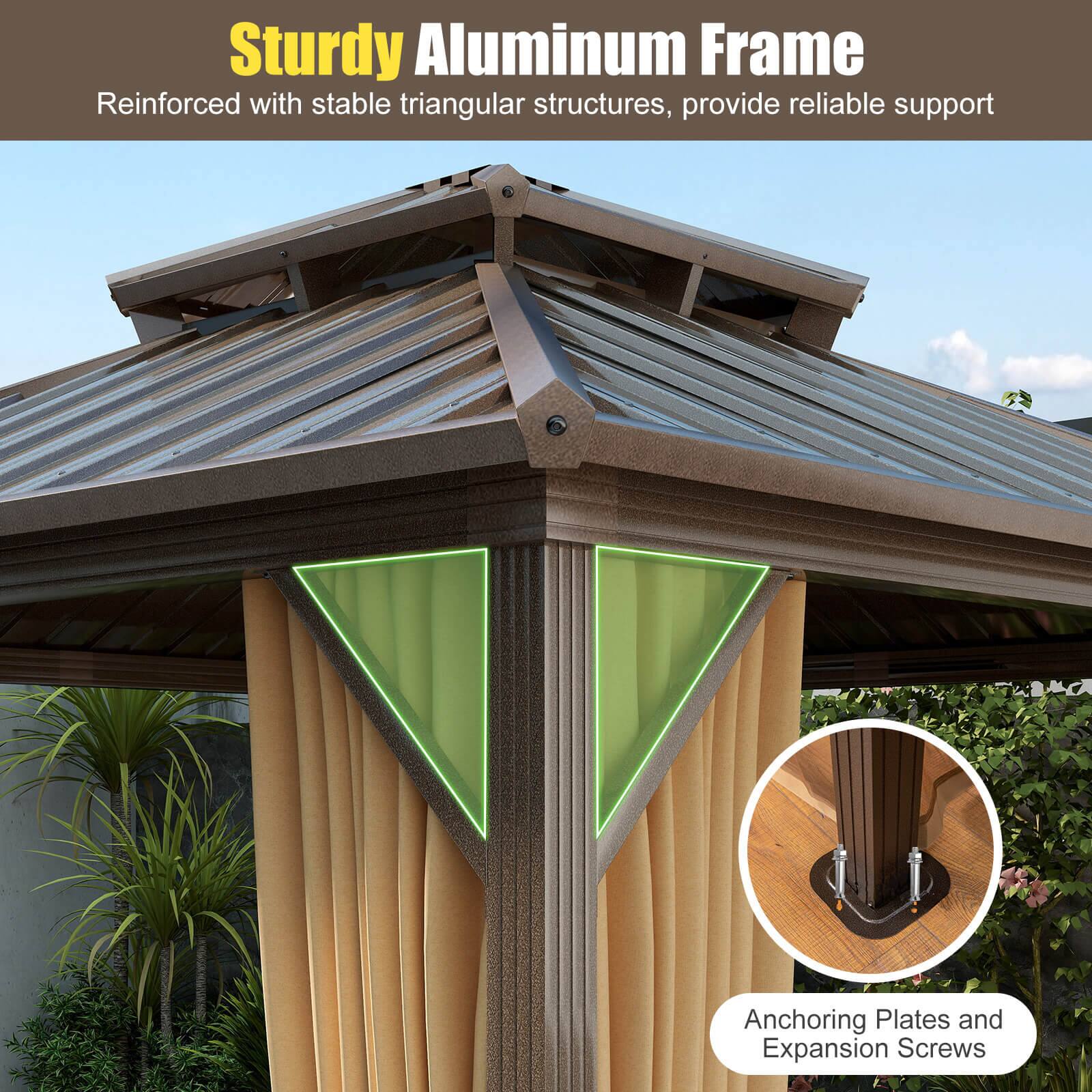 Sturdy Aluminum Frame  
Reinforced with stable triangular structures, provide reliable support  

Anchoring Plates and Expansion Screws