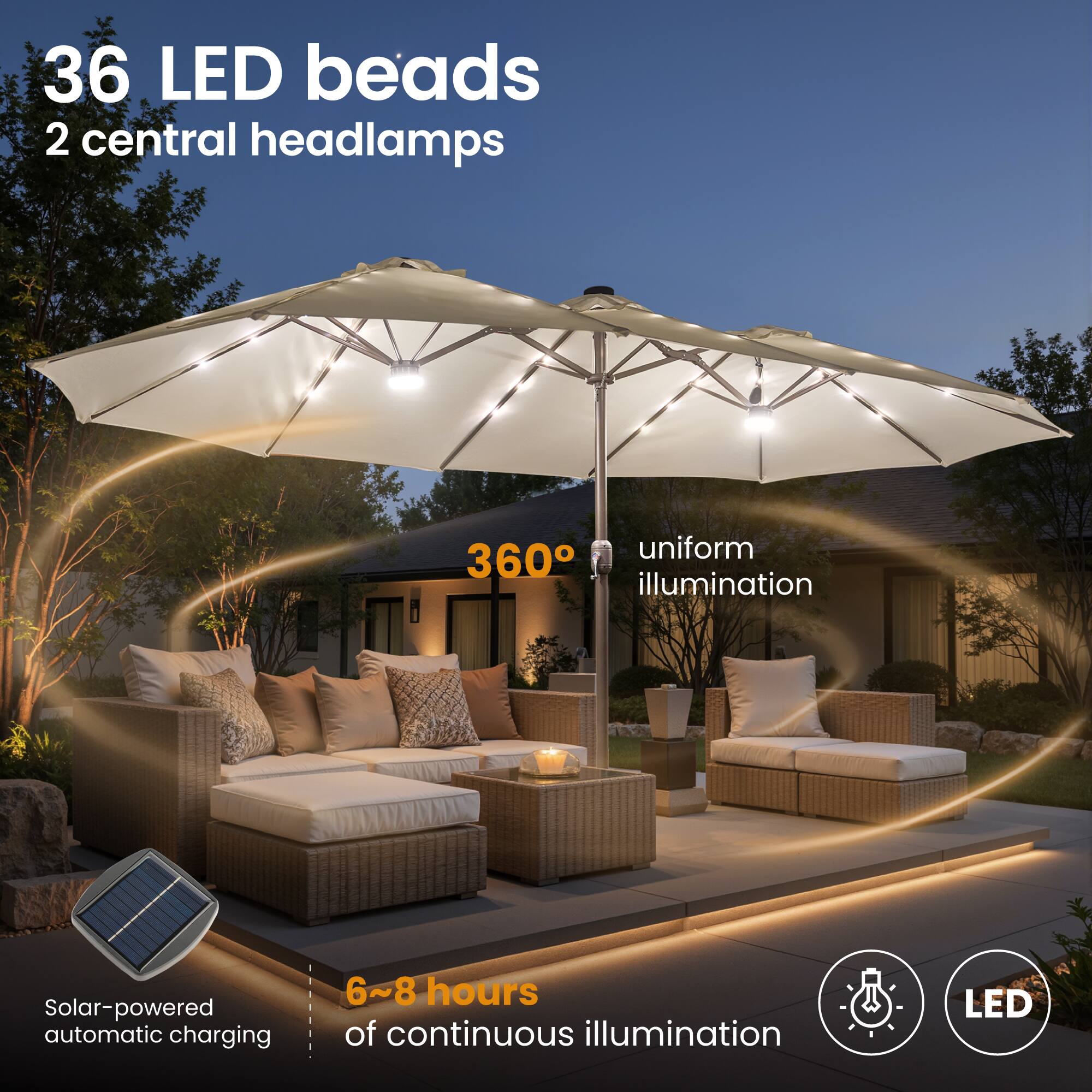 36 LED beads  
2 central headlamps  
360° uniform illumination  
Solar-powered automatic charging  
6~8 hours of continuous illumination