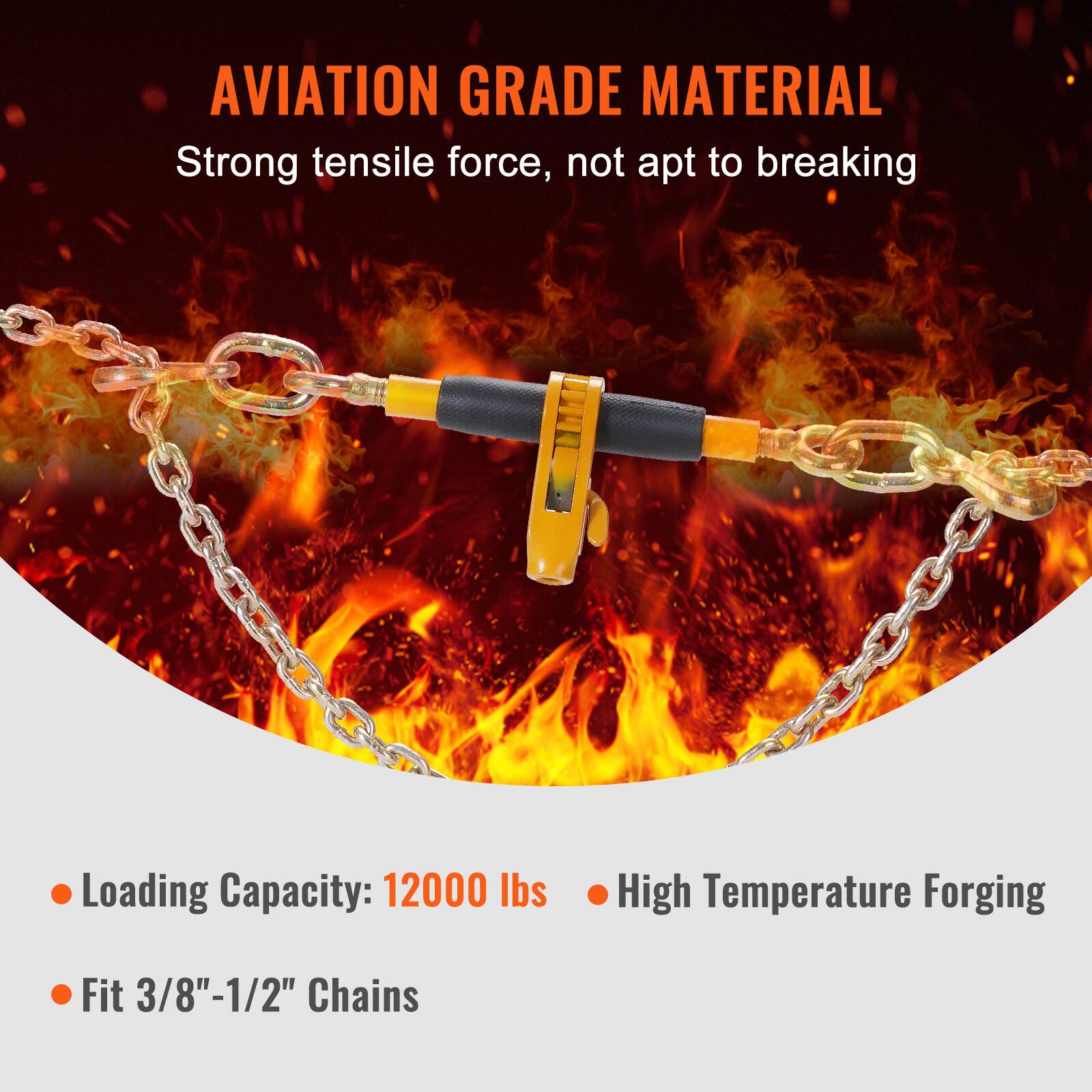 AVIATION GRADE MATERIAL  
Strong tensile force, not apt to breaking  

- Loading Capacity: 12000 lbs  
- High Temperature Forging  
- Fit 3/8" - 1/2" Chains