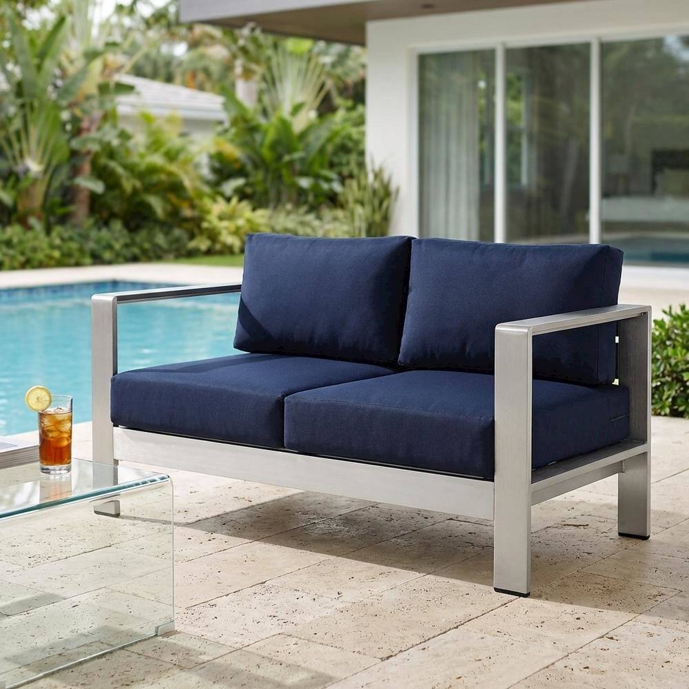 Left. Outdoor Escape - Outdoor Sectional Loveseat With Armrest, Aluminum Frame For Patio Lounging - Silver.