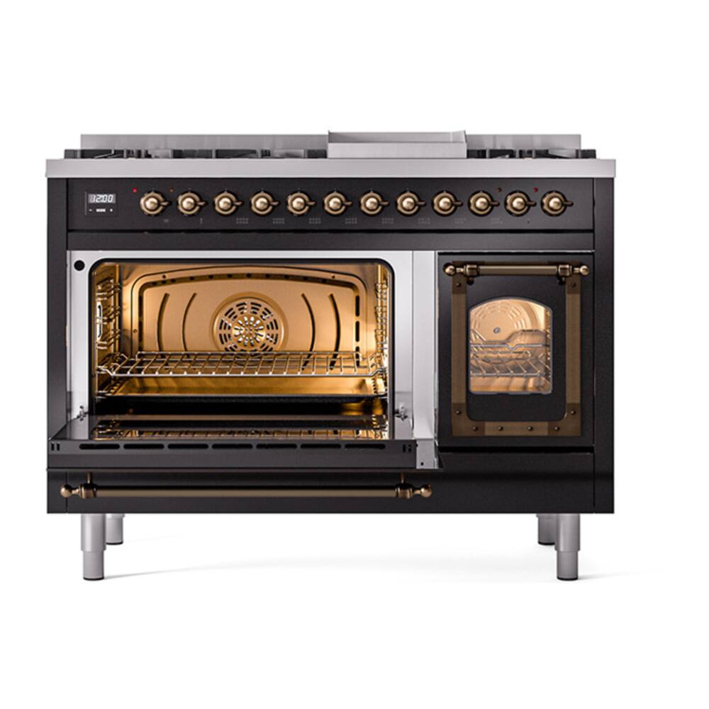 Alt View 6. ILVE - ILVE Nostalgie II 48 inch Dual Fuel Range with 8 Burners + Griddle (Natural Gas, Glossy Black, Burnished Trim) - Glossy Black.