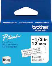 The text on the image reads: "Petouch 1/2 in Label Tape Ruban standard 12 mm Cinta Estandar on White Black Print texte noir Blanc avec sobre Blanco Texto Negro Btag-231 0.47 in X 13.1 ft Btag 12 mm x 4 m."