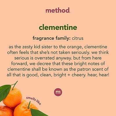 method  
clementine  
fragrance family: citrus  

as the zesty kid sister to the orange, clementine often feels that she's not taken seriously. we think serious is overrated anyway. but from here forward, we decree that these bright notes of clementine shall be known as the patron scent of all that is good, clean, bright + cheery. hear, hear!  

smells like