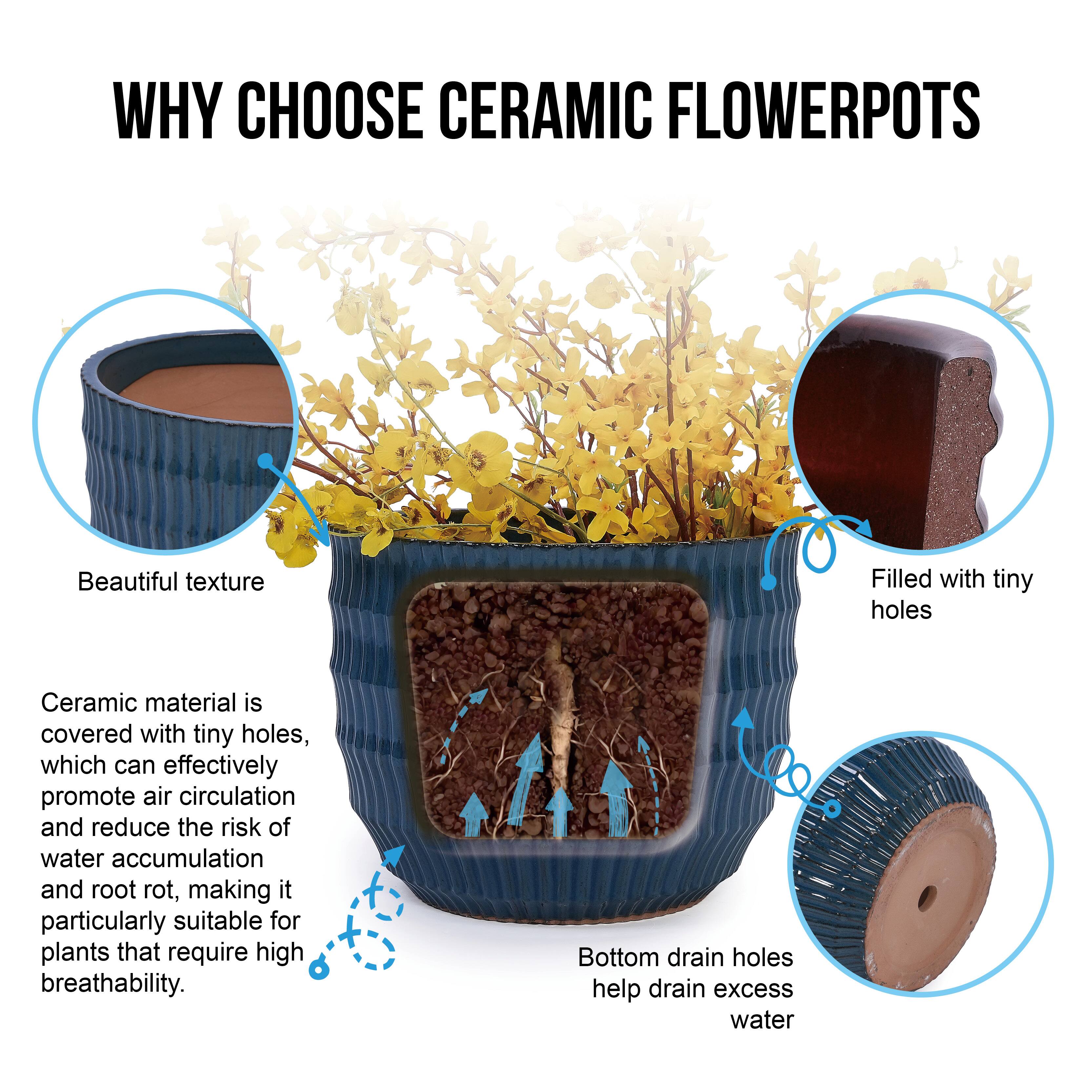 WHY CHOOSE CERAMIC FLOWERPOTS

Beautiful texture

Ceramic material is covered with tiny holes, which can effectively promote air circulation and reduce the risk of water accumulation and root rot, making it particularly suitable for plants that require high breathability.

Filled with tiny holes

Bottom drain holes help drain excess water