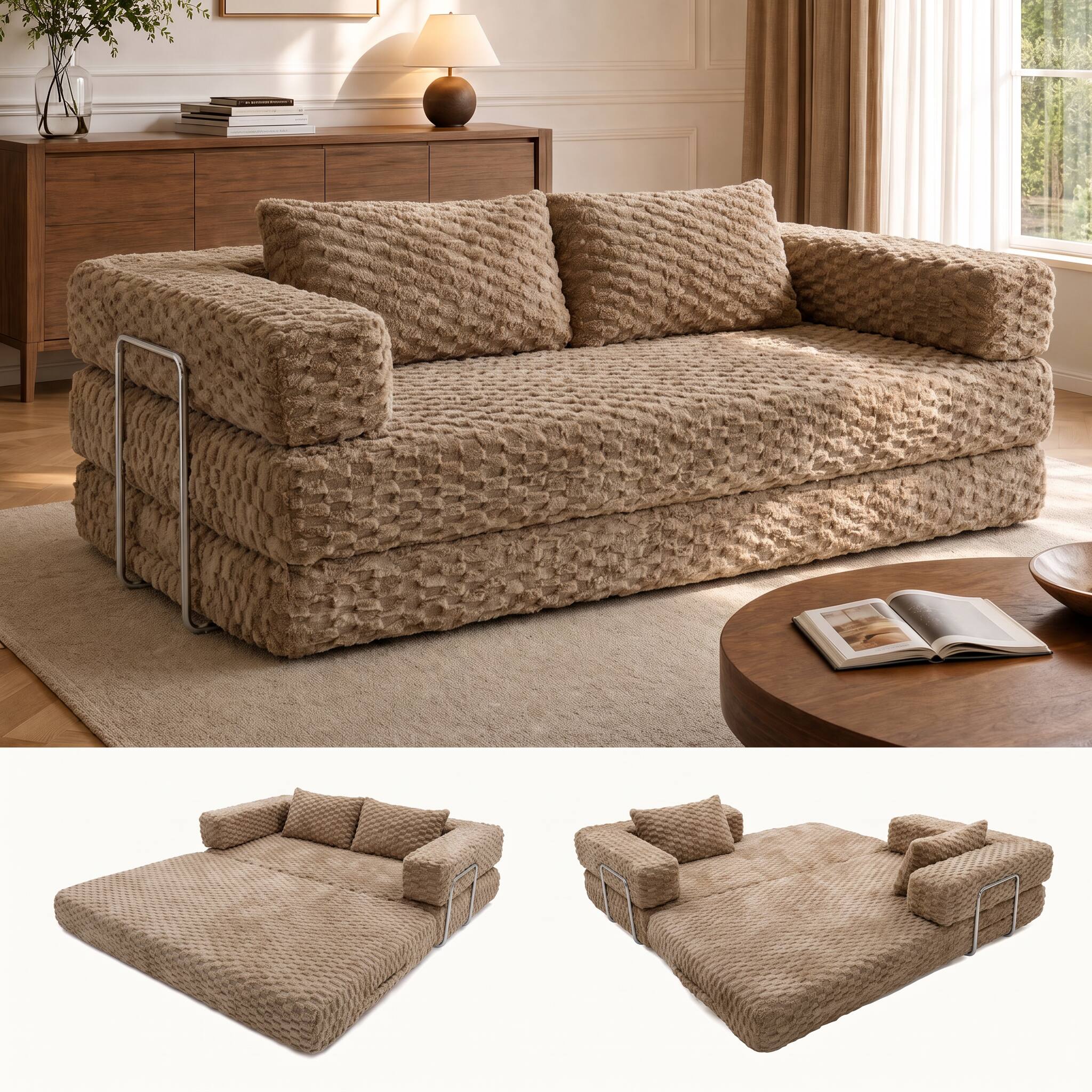 Alt View 8. Famapy - Convertible Folding Sofa Bed Couch 2-in-1 Loveseat with Plush Fabric Detachable Metal Support Brackets for Living Room - Light Brown.
