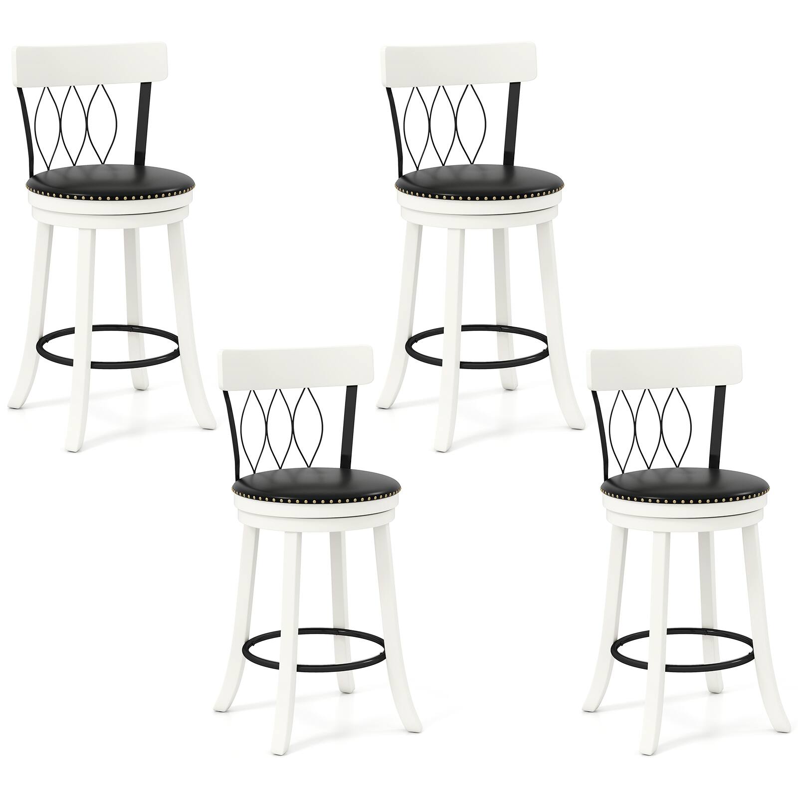 Gymax - 26'' Set of 4 Bar Stools w/ Footrest Rubber Wood Frame & Tufted Rivets - Black