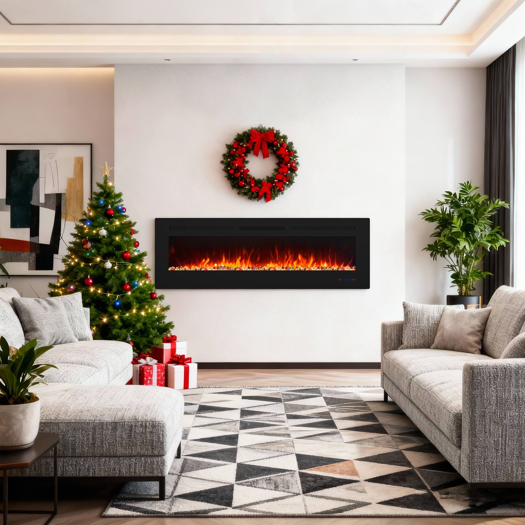 Angle. Ihomeadore - 60" Electric Wall-Mounted Recessed Fireplace Insert with Remote, Adjustable Flame Color & Speed - Black.