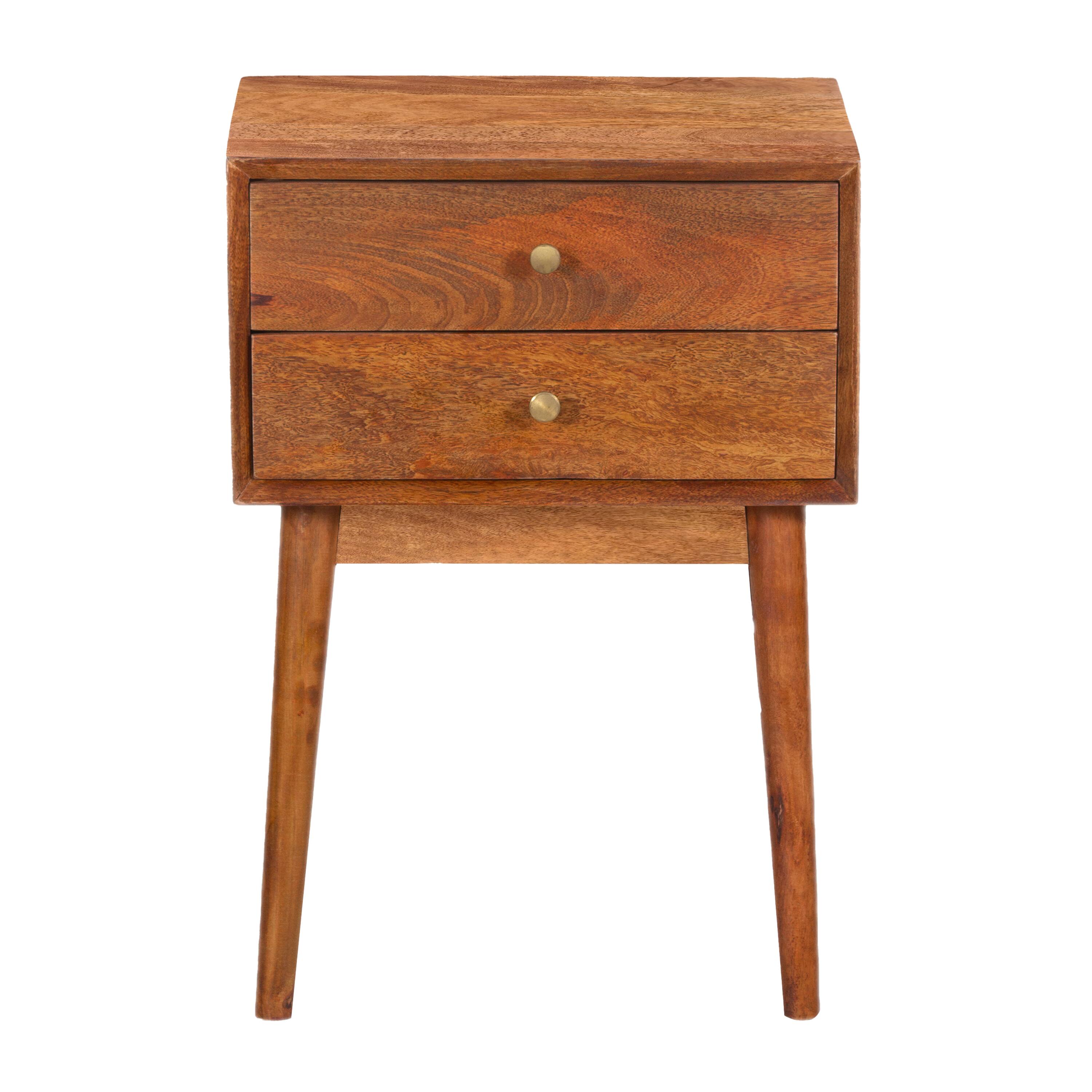 Alt View 1. Manhattan Lane - Nali Bedside Nightstand Table, 2 Drawers, Natural Brown Mango Wood, Brass Knobs - Natural Brown, Matte Gold.