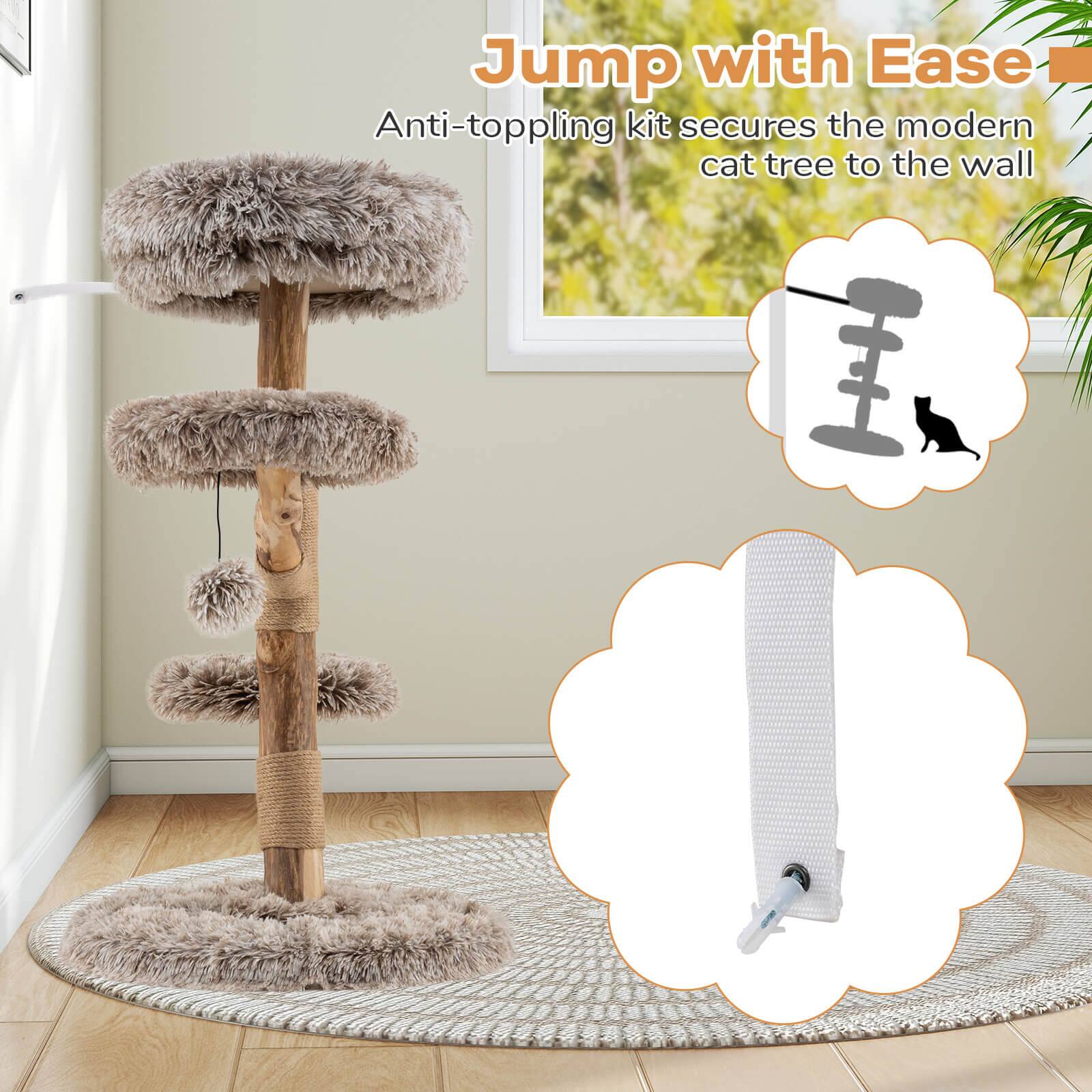 Jump with Ease  
Anti-toppling kit secures the modern cat tree to the wall