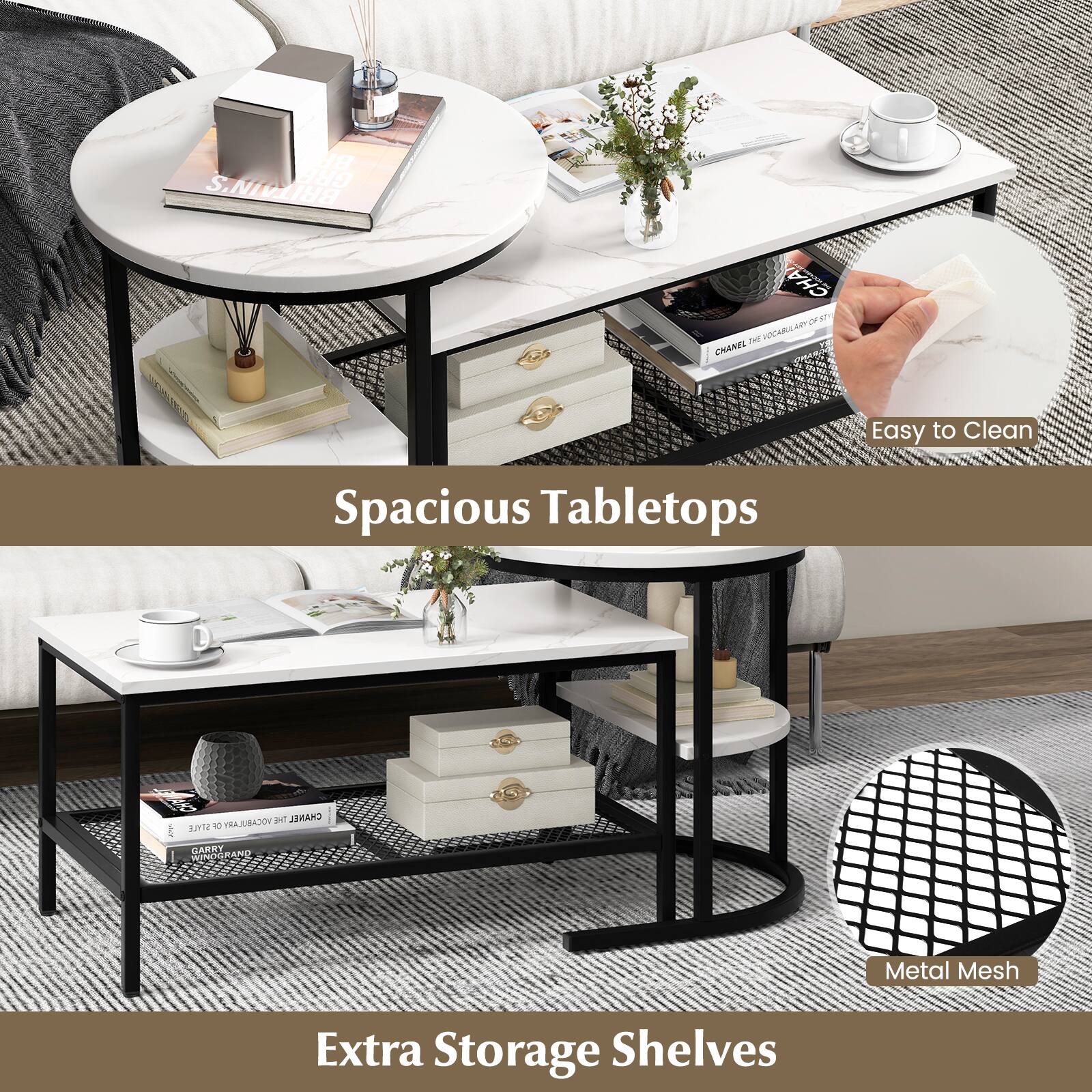 Spacious Tabletops
Easy to Clean
Extra Storage Shelves
Metal Mesh