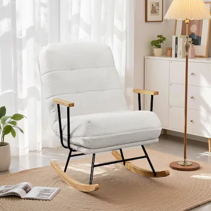 Front. Vecelo - Teddy Velvet Nursery Rocking Chair for Adults, Modern Upholstered Comfy Rocker with Adjustable High Backrest, Wood Legs - White.