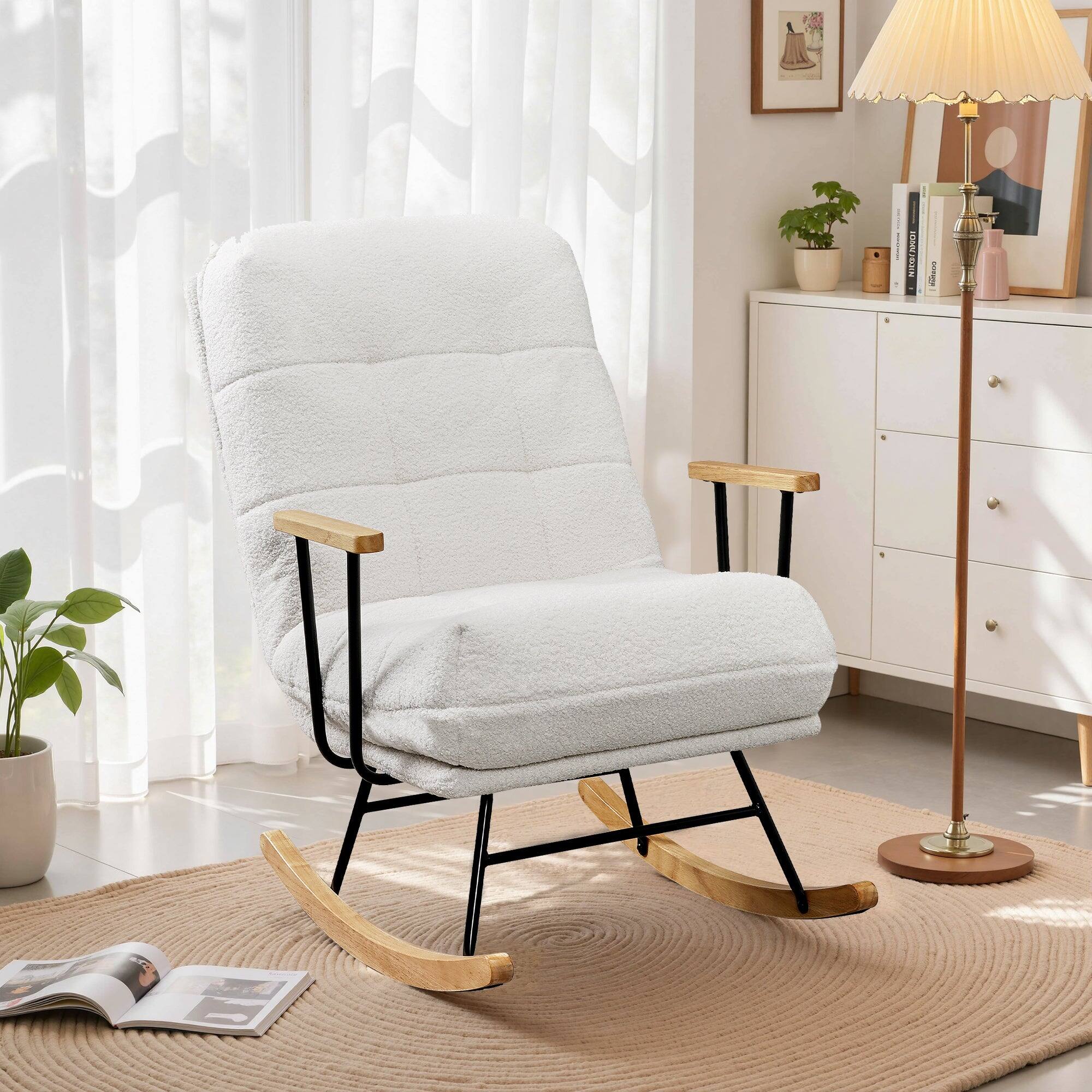Front. Vecelo - Teddy Velvet Nursery Rocking Chair for Adults, Modern Upholstered Comfy Rocker with Adjustable High Backrest, Wood Legs - White.