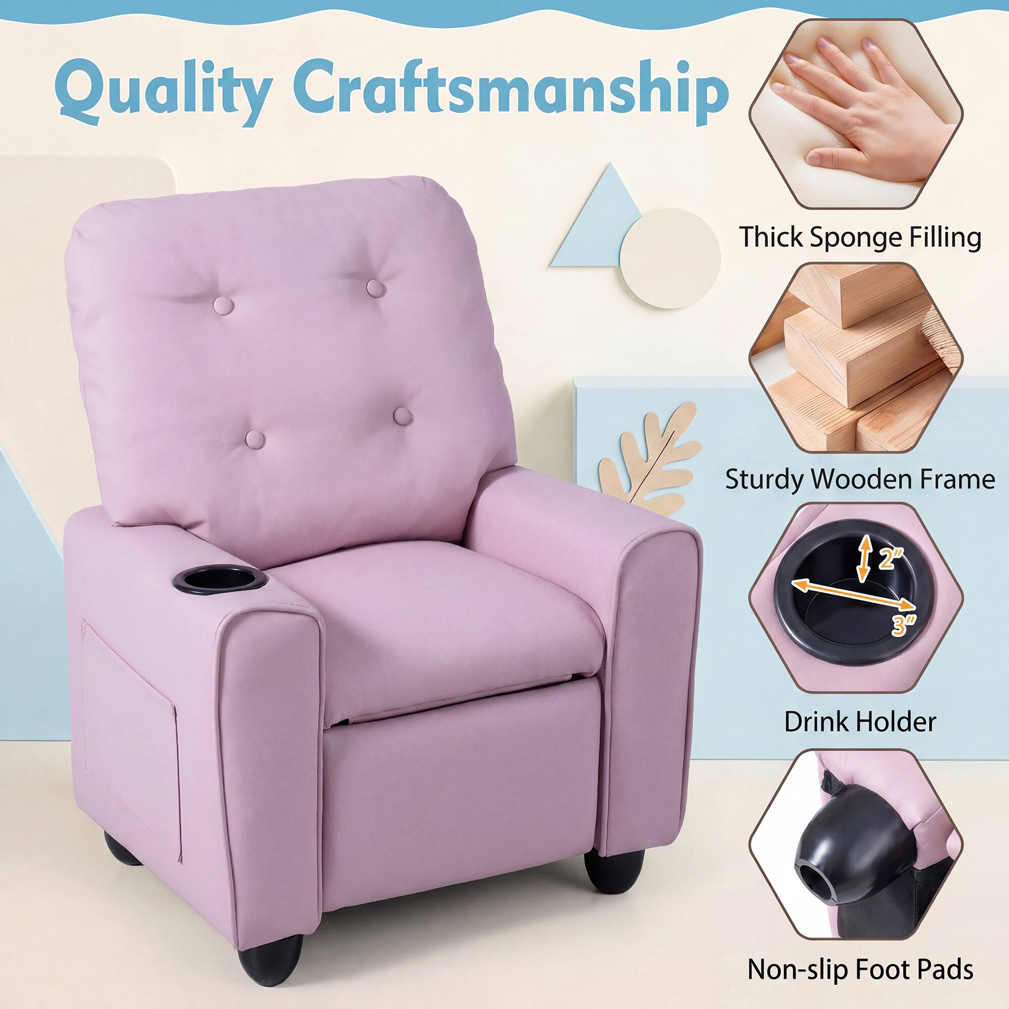 Quality Craftsmanship
- Thick Sponge Filling
- Sturdy Wooden Frame
- Drink Holder
- Non-slip Foot Pads