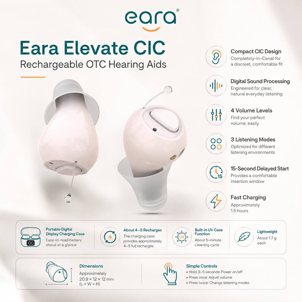 Eara Elevate CIC Rechargeable OTC Hearing Aids

Compact CIC Design Completely-in-Canal for a discreet, comfortable fit

Digital Sound Processing Engineered for clear, natural everyday listening

4 Volume Levels Find your perfect volume, easily

3 Listening Modes Optimized for different listening environments

15-Second Delayed Start Provides a comfortable insertion window

Fast Charging Approximately 1.5 hours

Portable Digital Display Charging Case Easy-to-read battery status at a glance

About 4-5 Recharges The charging case provides approximately 4-5 full recharges

Built-in UV Case Function About 5-minute cleaning cycle

Lightweight About 1.7 g each

Dimensions Approximately 20.9 X 12 X 12 mm (L X W X H)

Simple Controls
- Hold 3-5 seconds: Power on/off
- Press once: Adjust volume
- Press twice: Change listening modes