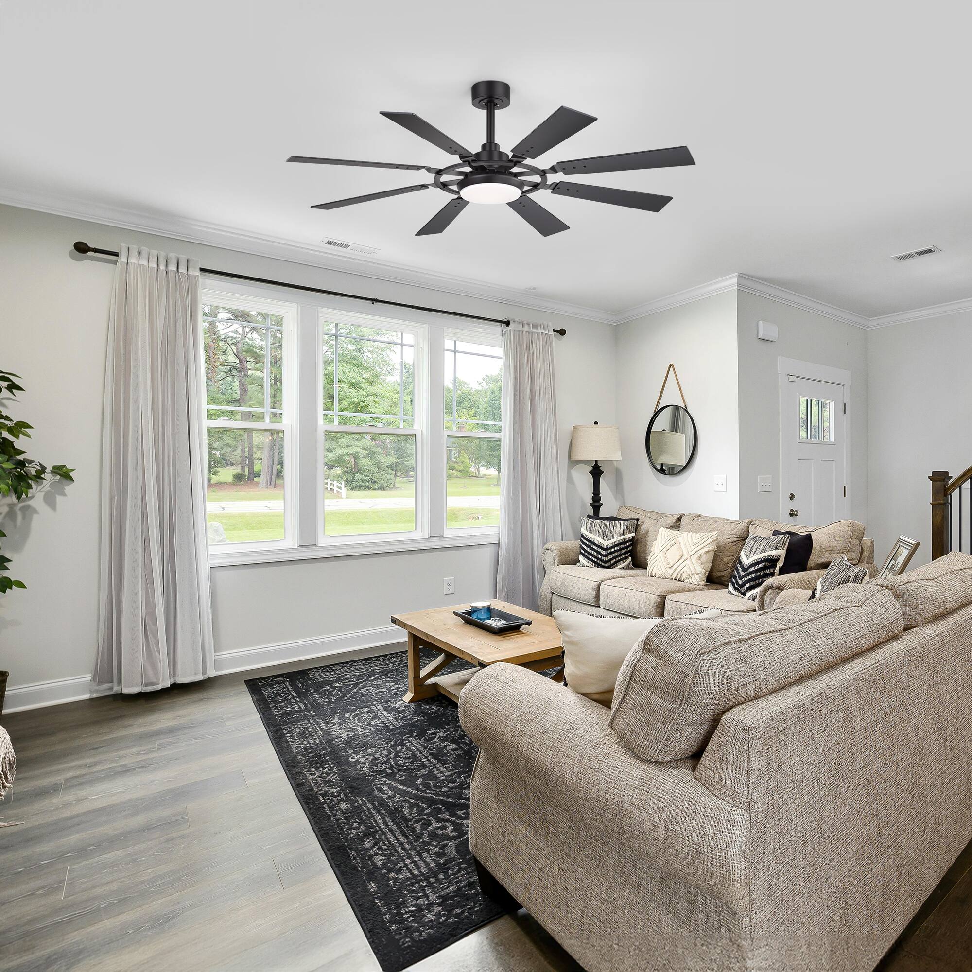 Alt View 2. Breezary - 52'' Large Ceiling Fan with 3-Color LED Light, 6-Speed DC Motor, Remote& 4″/8″ Downrods, Timer, 8 ABS Blades - Matte Black.