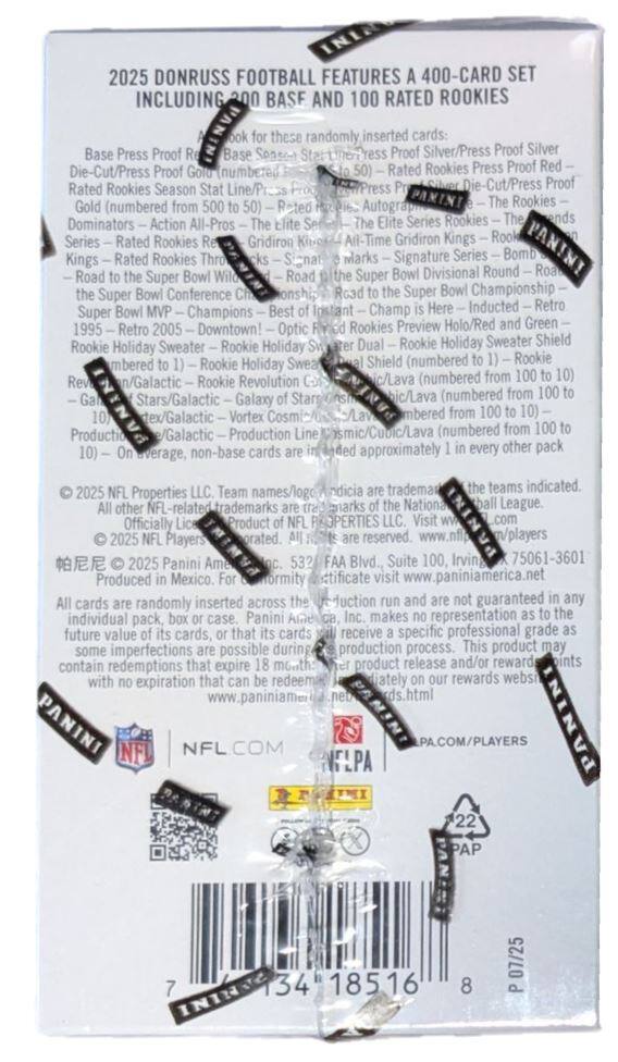 Back. Panini - 2025 Panini Donruss Football Holiday Blaster Box.