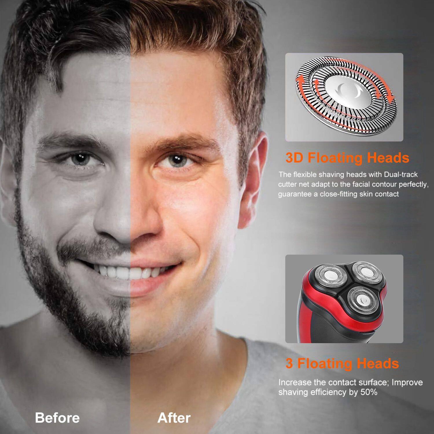 3D Floating Heads  
The flexible shaving heads with Dual-track cutter net adapt to the facial contour perfectly, guarantee a close-fitting skin contact  

3 Floating Heads  
Increase the contact surface; Improve shaving efficiency by 50%  

Before  
After
