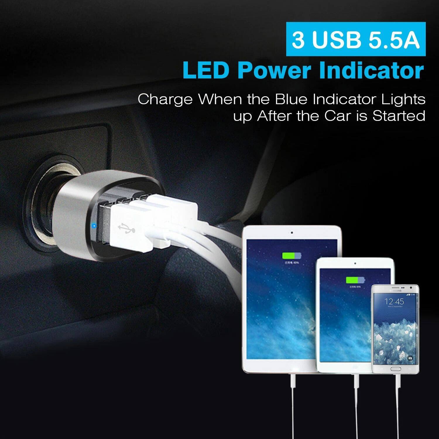 3 USB 5.5A LED Power Indicator
Charge When the Blue Indicator Lights up After the Car is Started
12:45