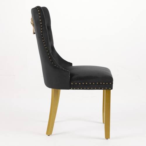 Alt View 2. LUCKY ONE - Assembled Tufted Velvet Dining Chair Set of 2 with Lion Head Pull Ring Golden Wood Legs Nailhead - Black.