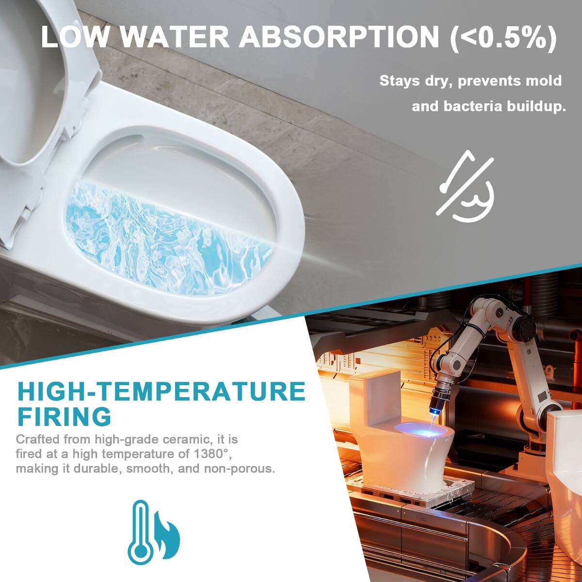 LOW WATER ABSORPTION (<0.5%)  
Stays dry, prevents mold and bacteria buildup.  

HIGH-TEMPERATURE FIRING  
Crafted from high-grade ceramic, it is fired at a high temperature of 1380°, making it durable, smooth, and non-porous.