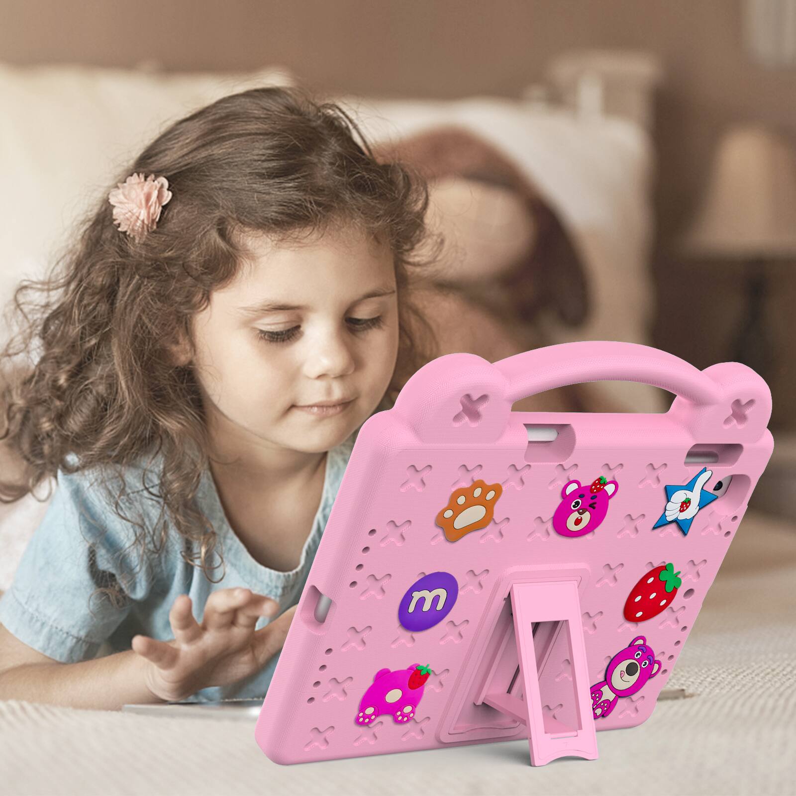 Back. Dteck - For Apple iPad 6th/5th & iPad Pro 9.7'' Cute Cartoon Kid Case Built-in Kickstand Handle Grip Shockproof Cover - Pink.