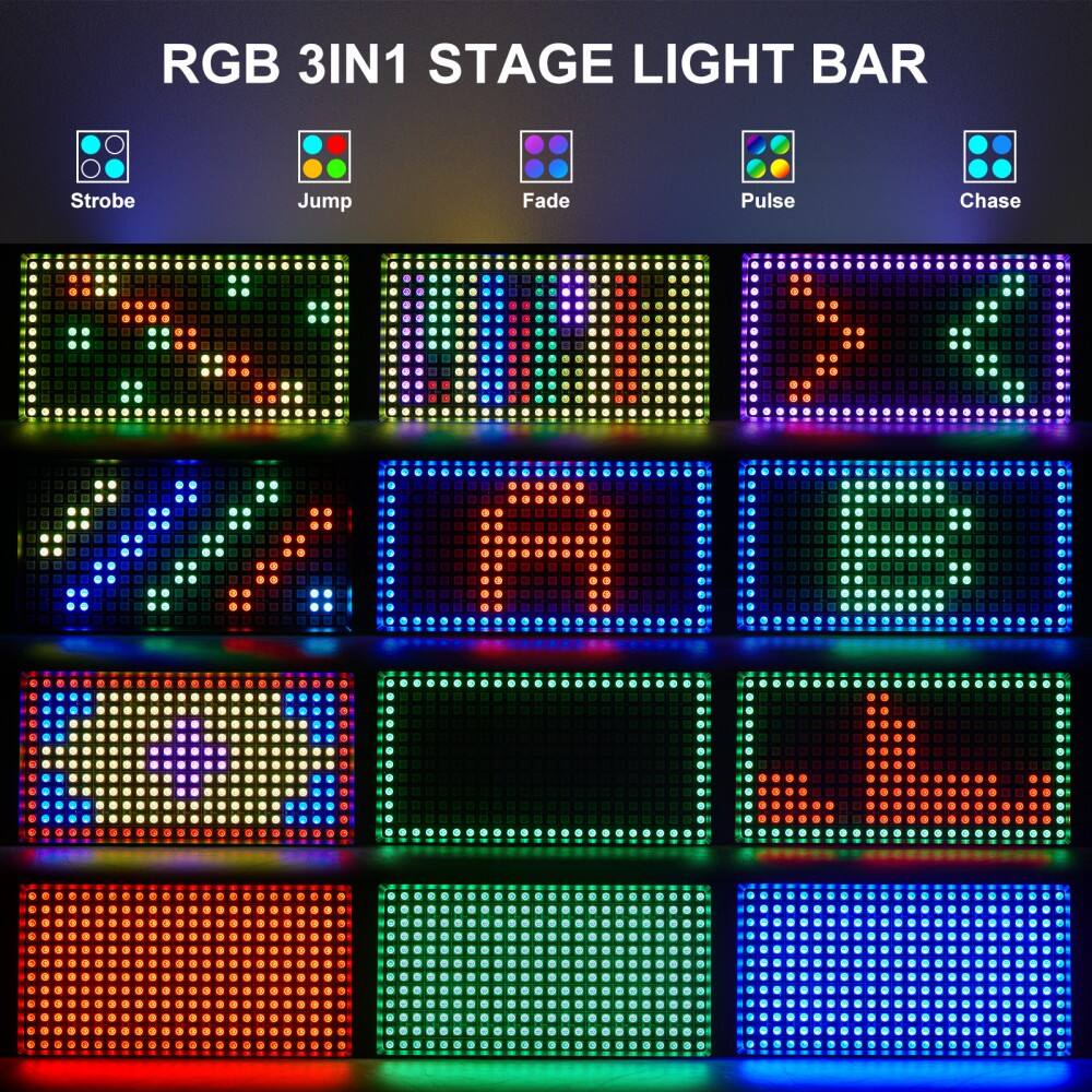 RGB 3IN1 STAGE LIGHT BAR

Strobe  
Jump  
Fade  
Pulse  
Chase