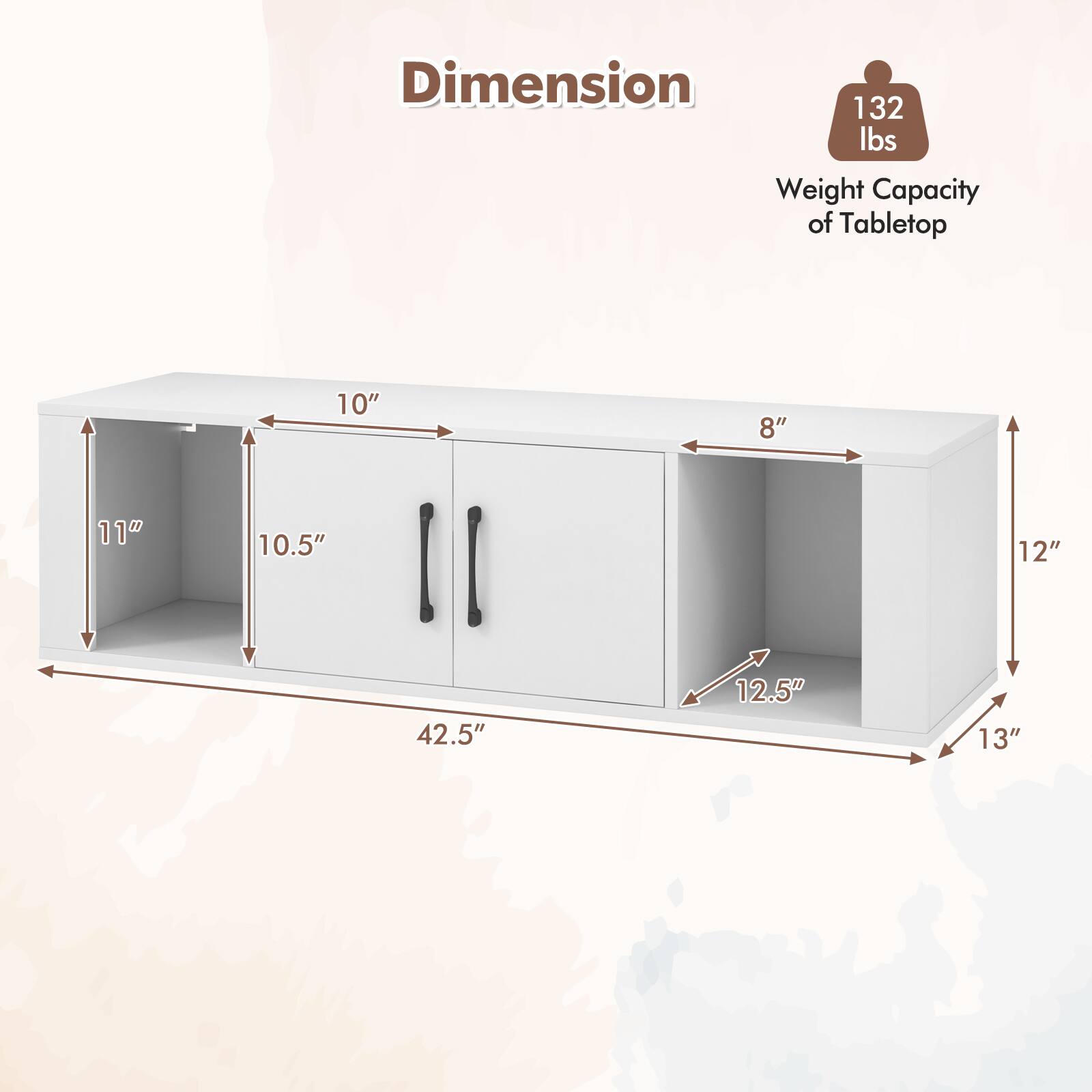Dimension 10" 8" 11" 10.5" 12" 42.5" 12.5" 13" 132 lbs Weight Capacity of Tabletop
