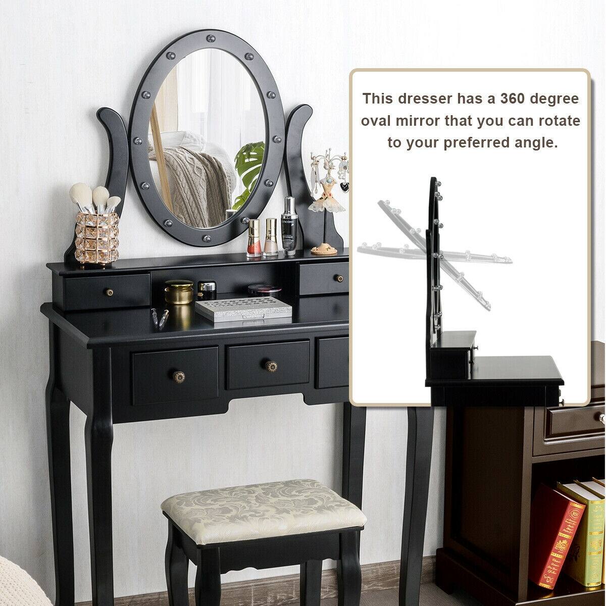 This dresser has a 360 degree oval mirror that you can rotate to your preferred angle.